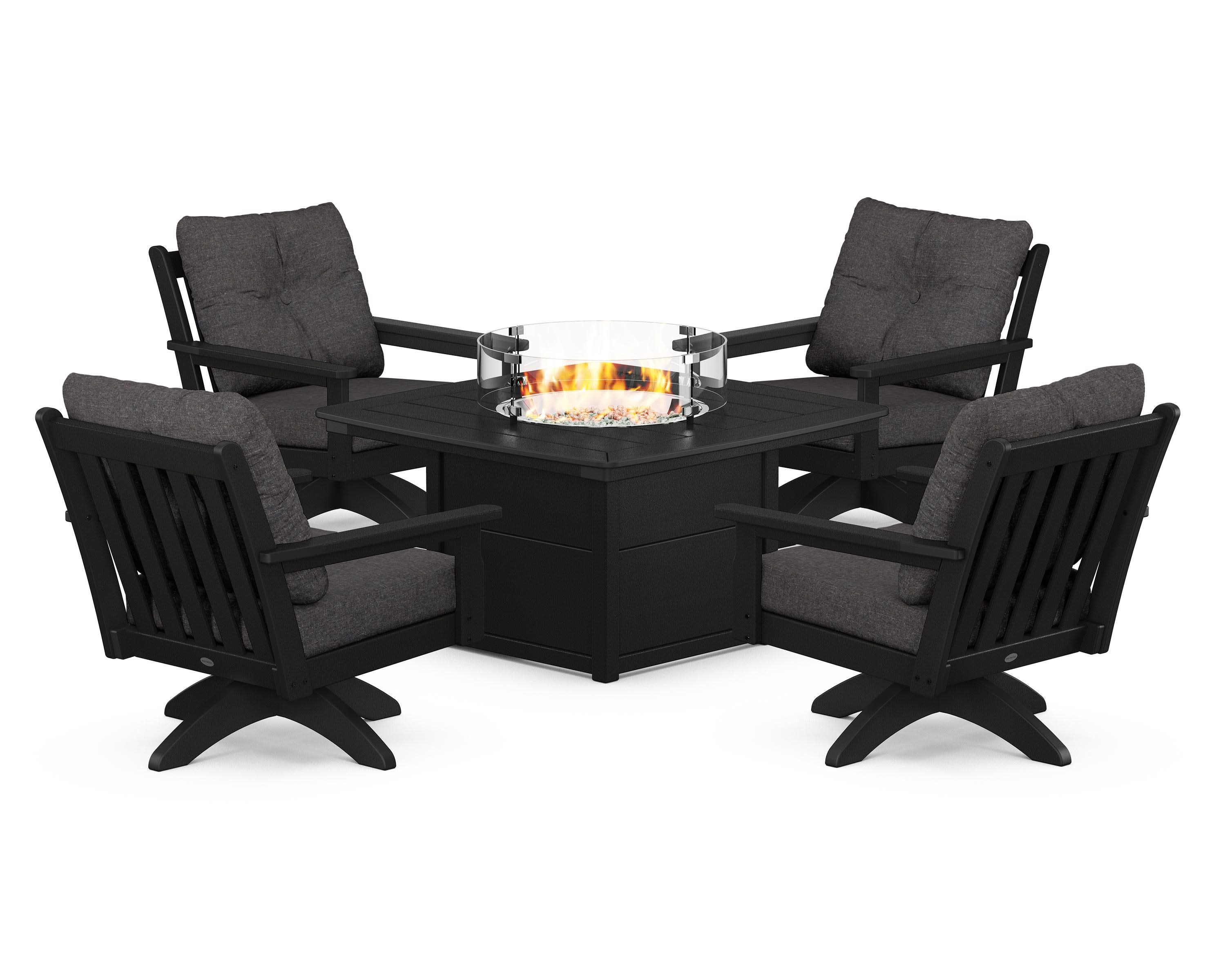 Vineyard 5-Piece Deep Seating Swivel Conversation Set with Fire Pit Table in Black / Ash Charcoal