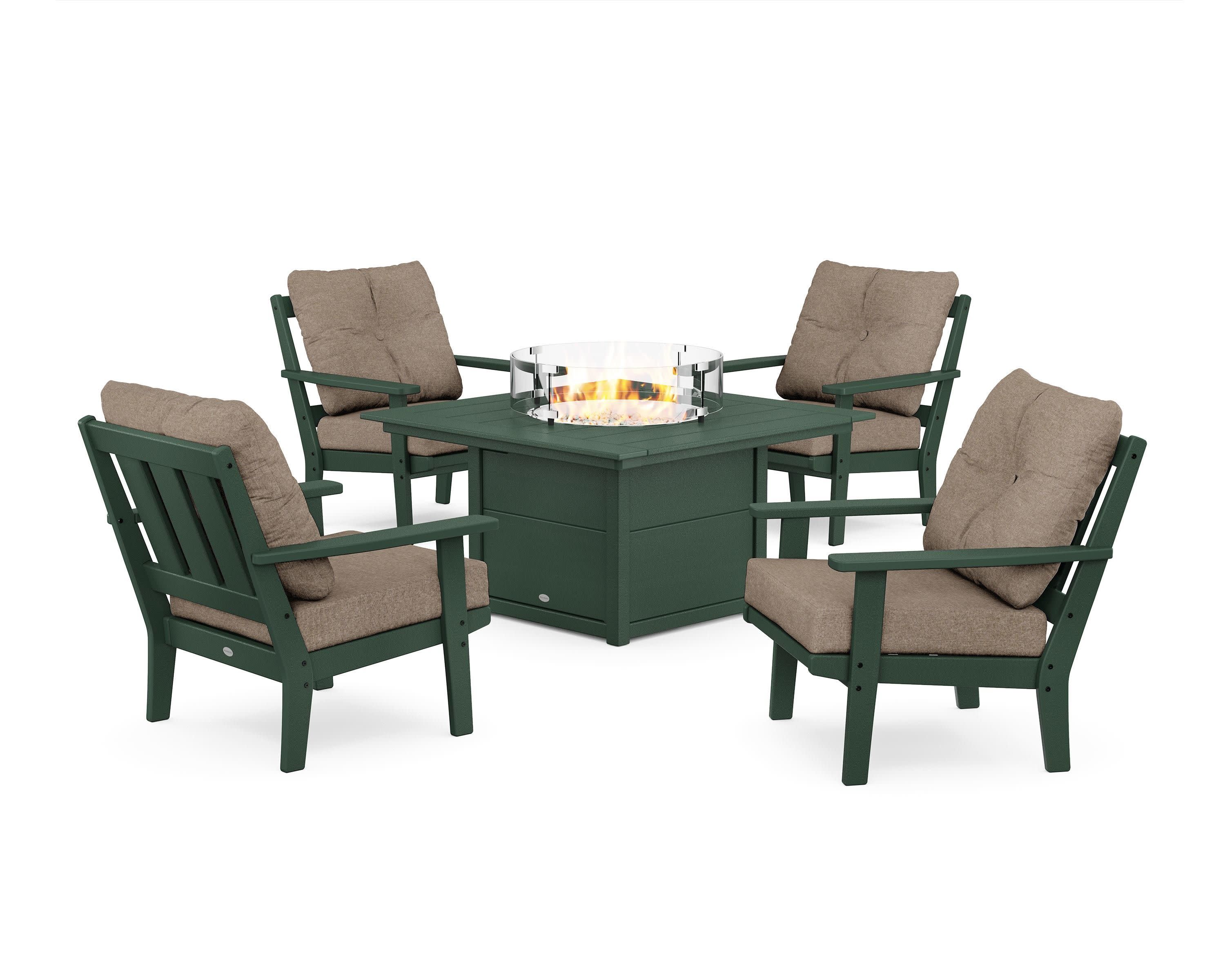 Oxford 5-Piece Deep Seating Set with Fire Pit Table in Green / Spiced Burlap