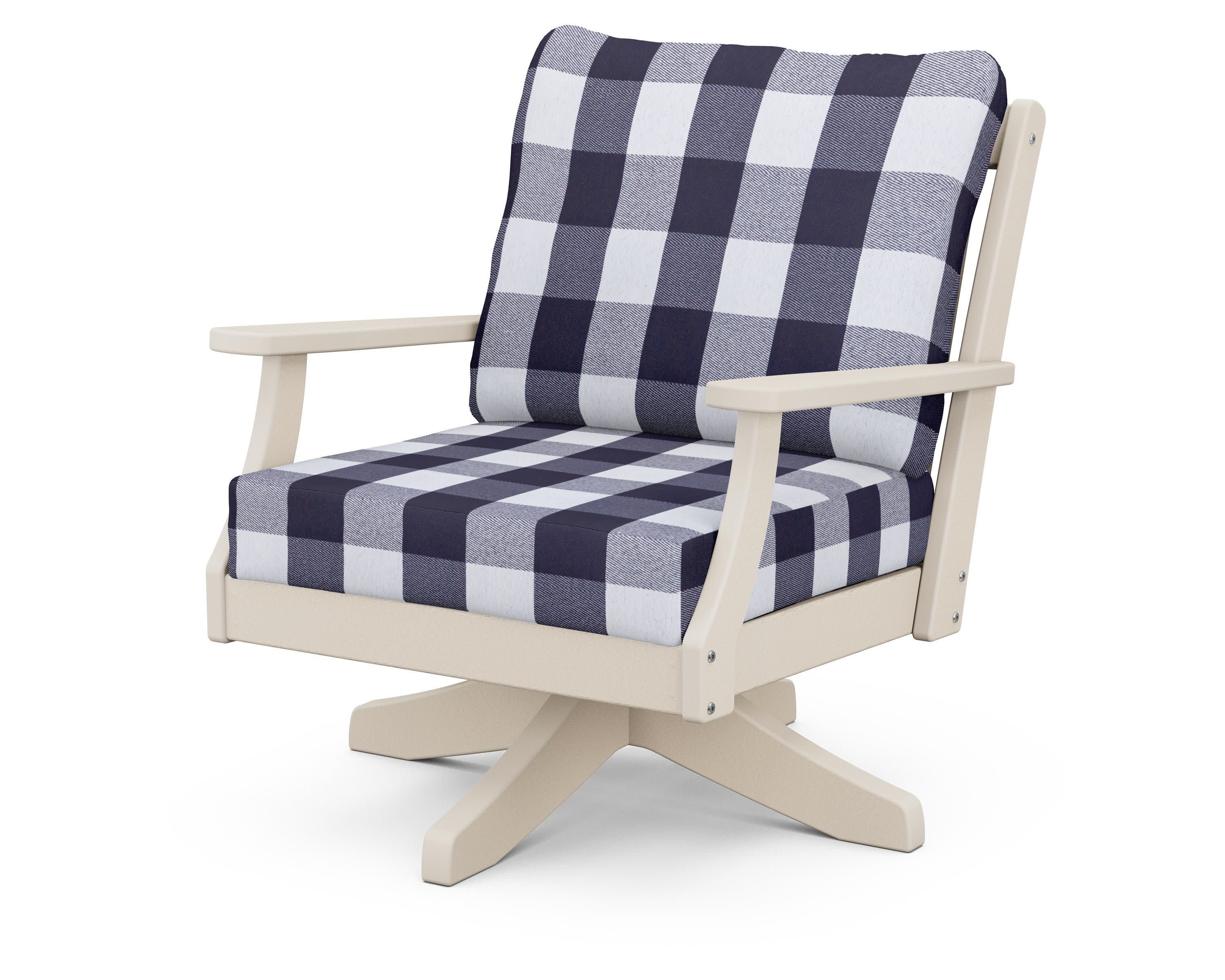 Braxton Deep Seating Swivel Chair in Sand / Buffalo Plaid Navy