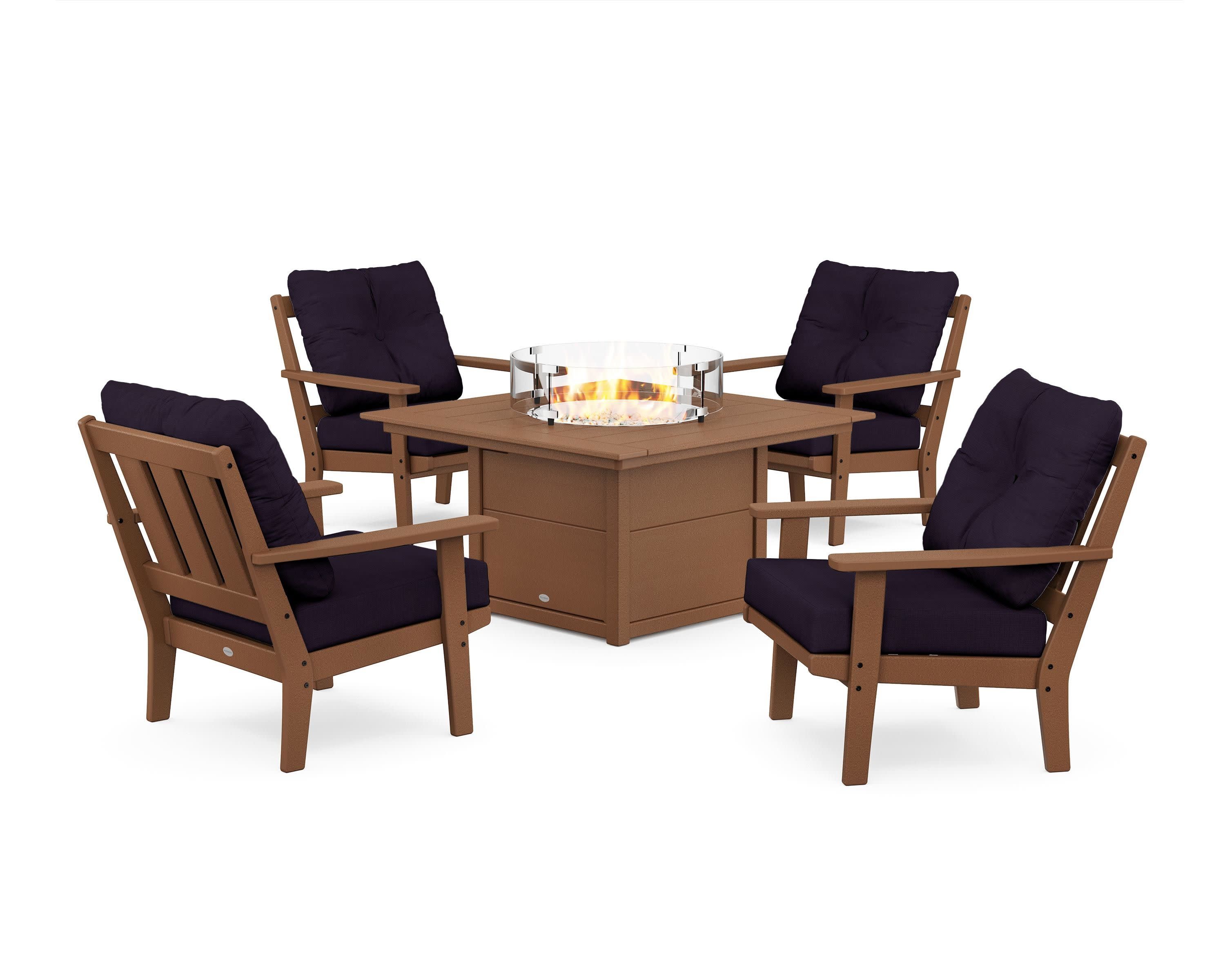 Oxford 5-Piece Deep Seating Set with Fire Pit Table in Teak / Navy Linen