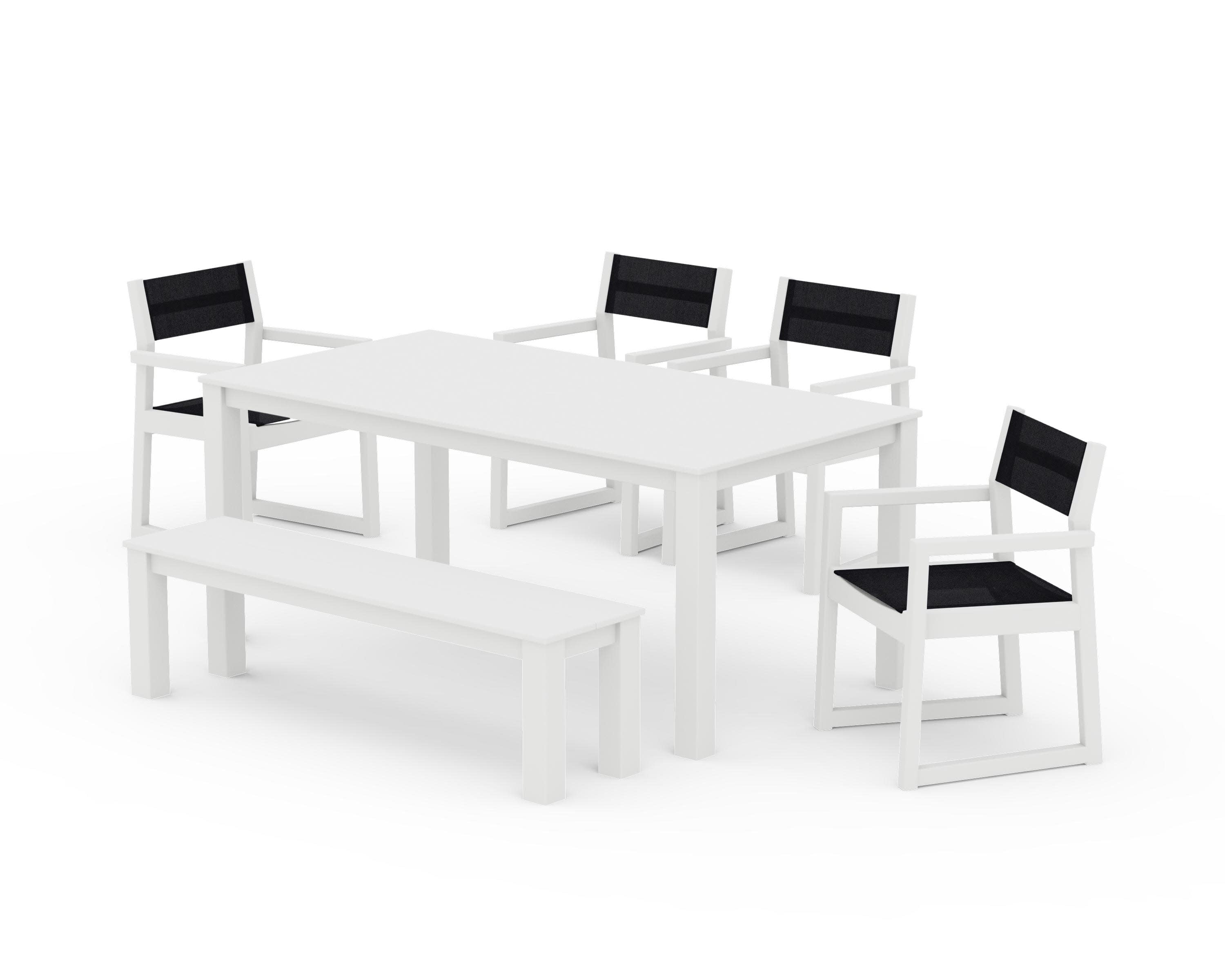 EDGE Sling Arm Chair 6-Piece Parsons Dining Set with Bench in White / Black Sling