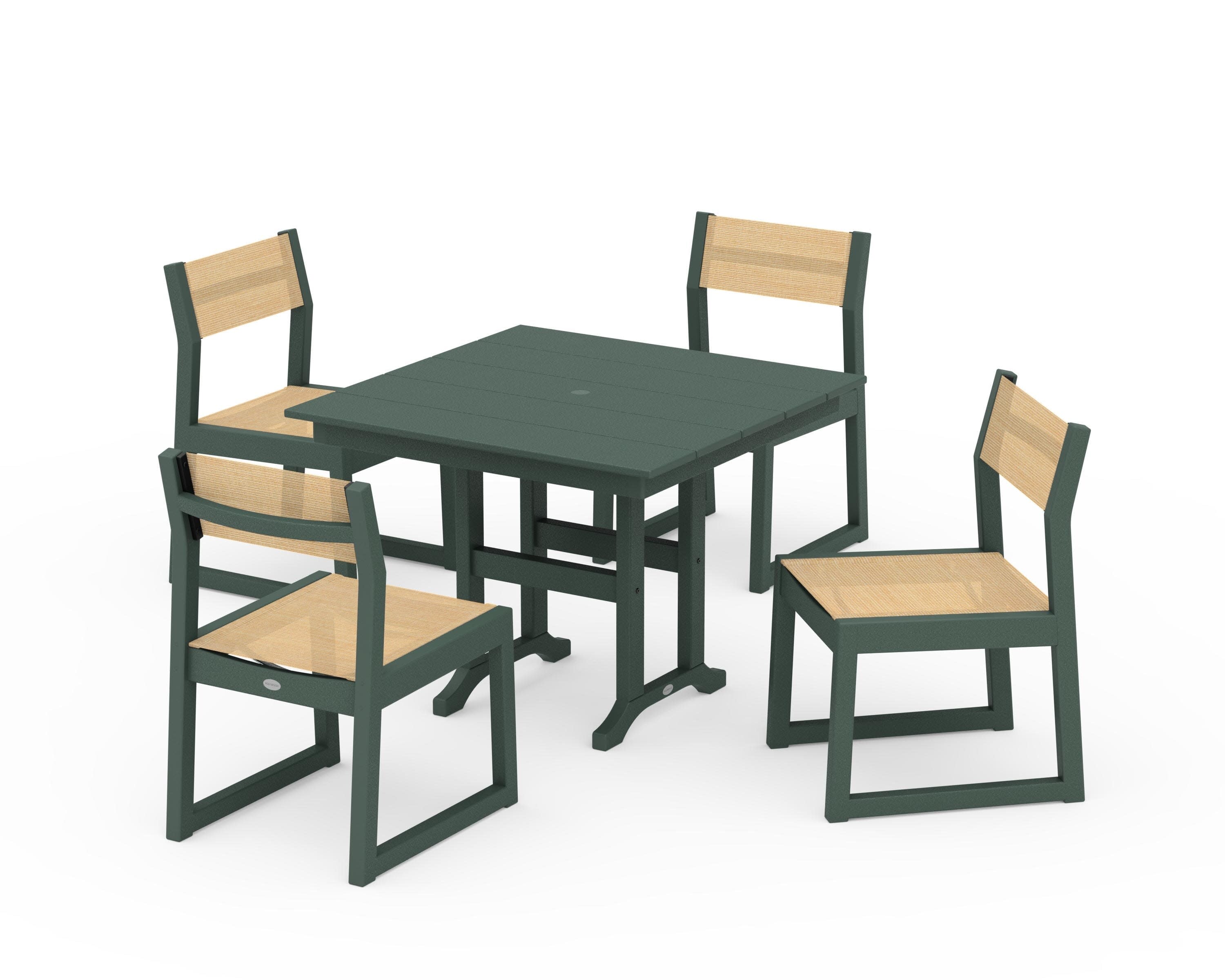 EDGE Sling Side Chair 5-Piece Farmhouse Dining Set in Green / Dupioni Apricot Sling