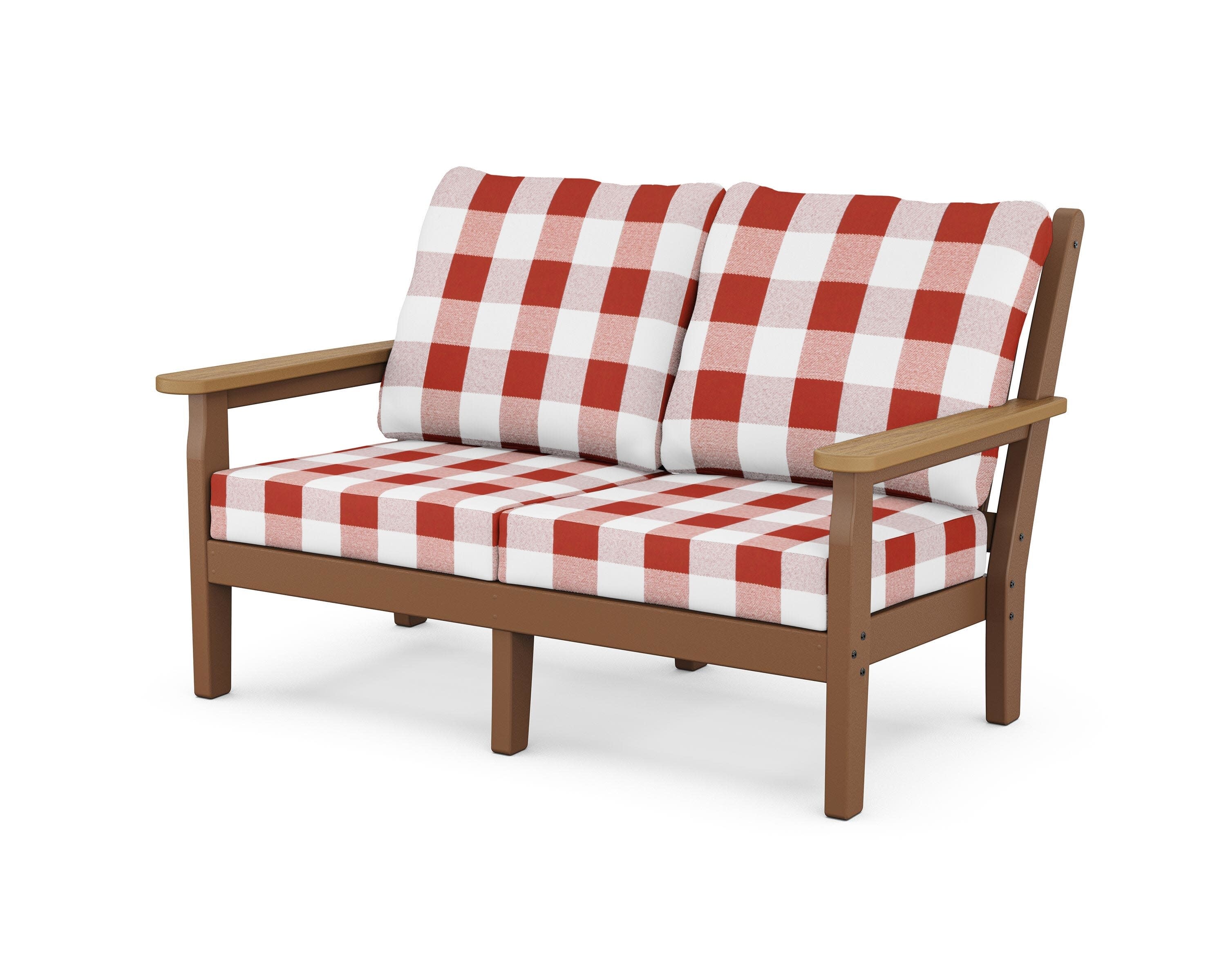 Chippendale Deep Seating Loveseat in Teak / Natural / Buffalo Plaid Crimson