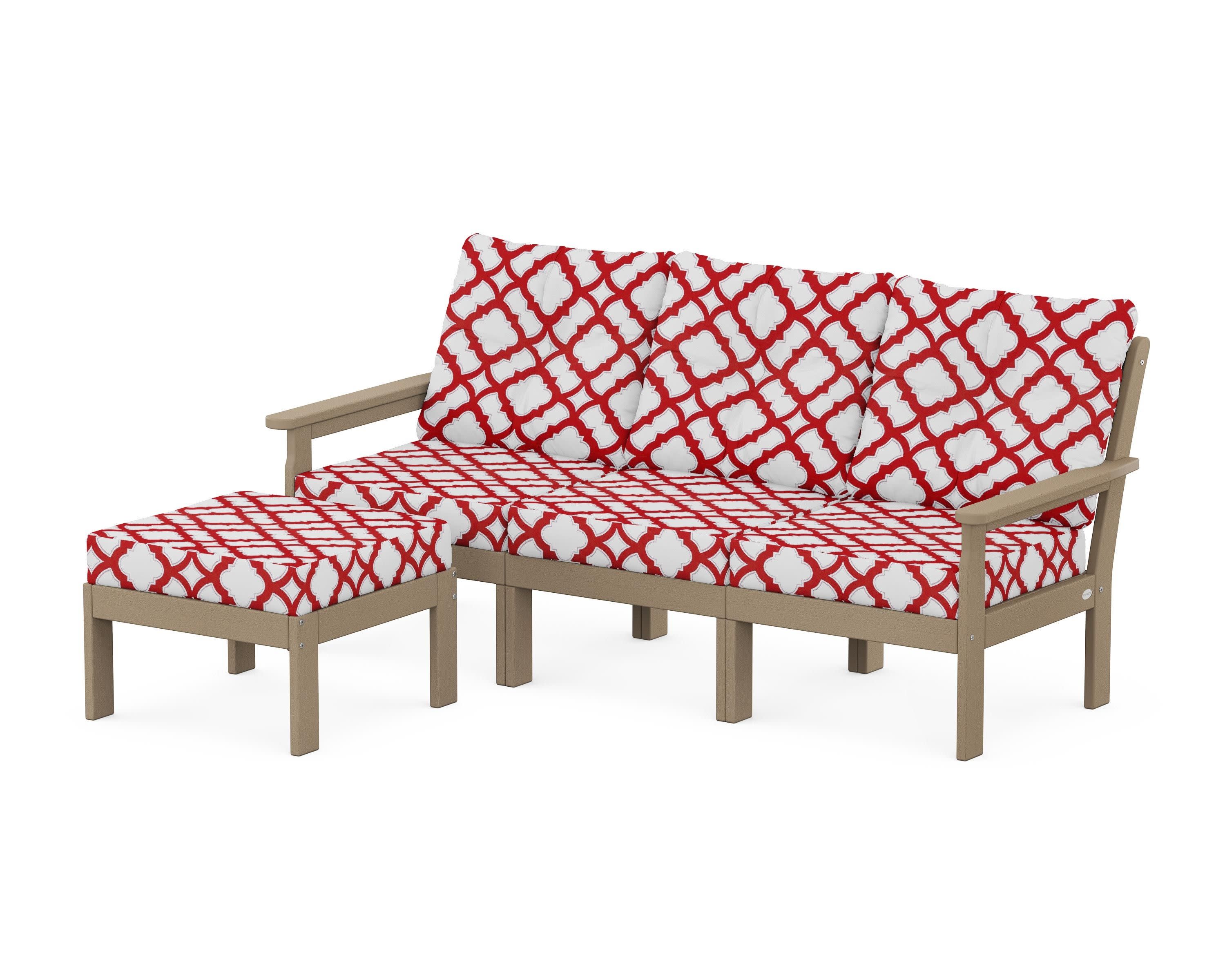 Vineyard 4-Piece Sectional with Ottoman in Vintage Sahara / Trellis Crimson