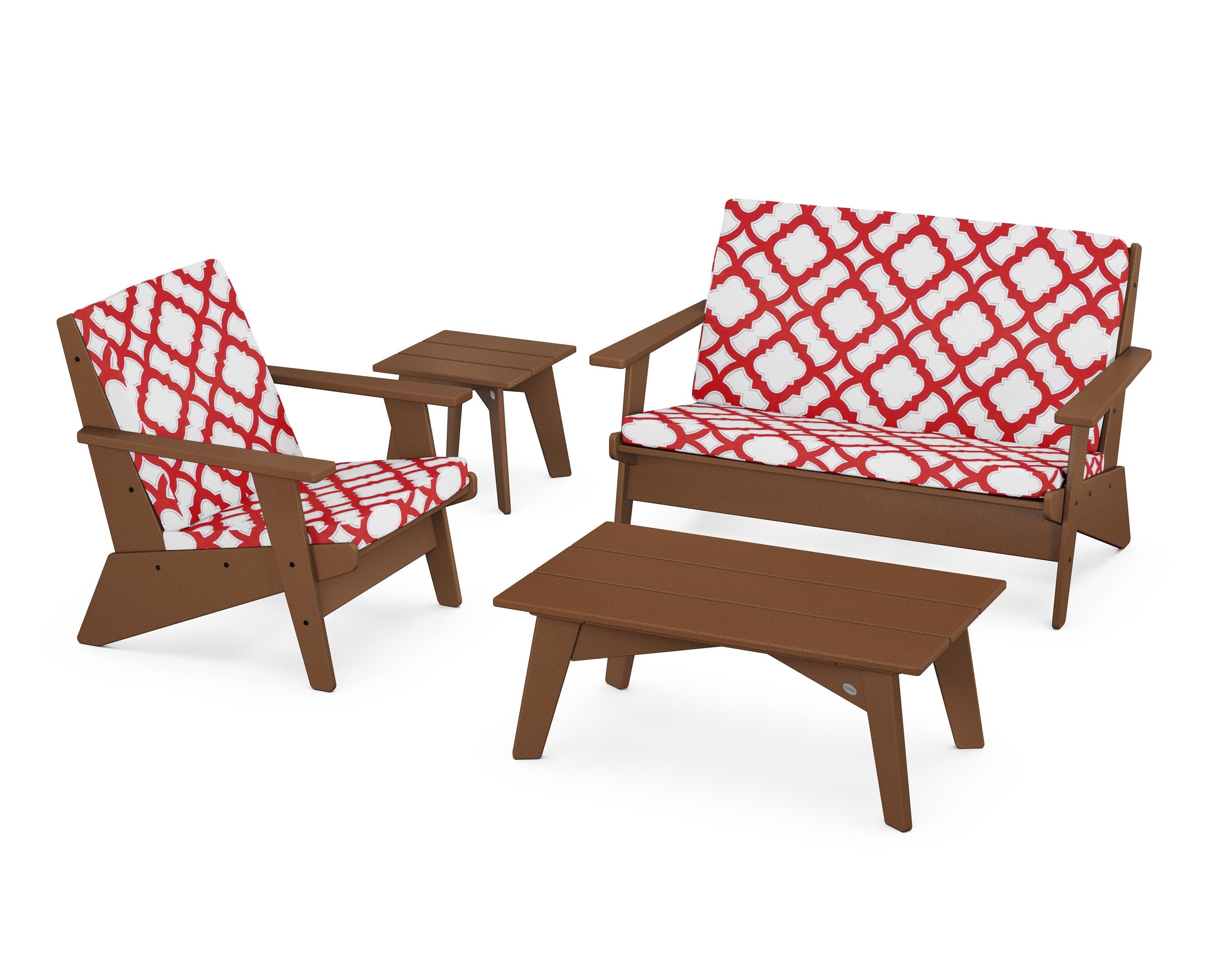 Riviera Modern Lounge 4-Piece Set in Teak / Trellis Crimson