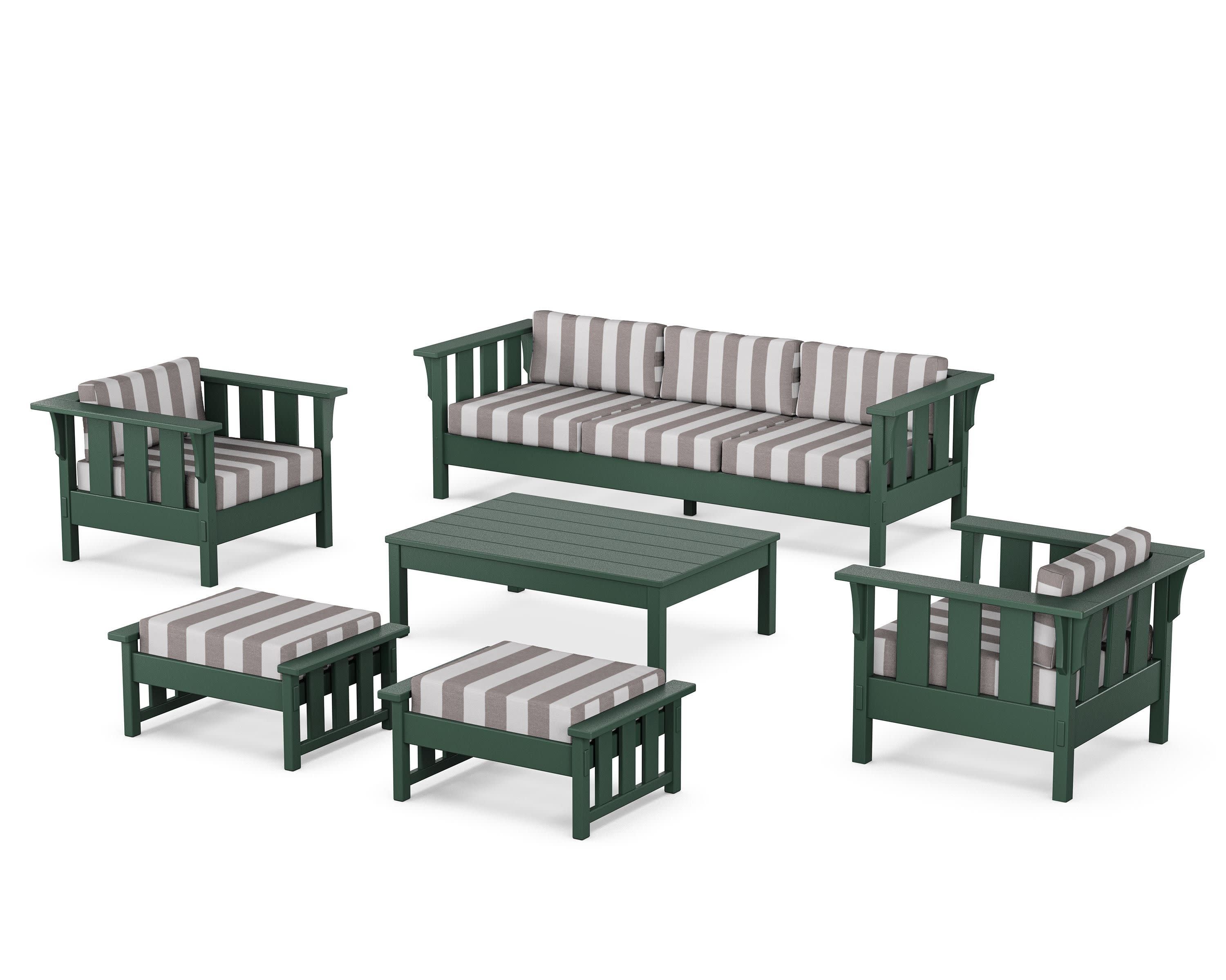 Acadia 6-Piece Lounge Sofa Set in Green / Cabana Stripe Grey Mist