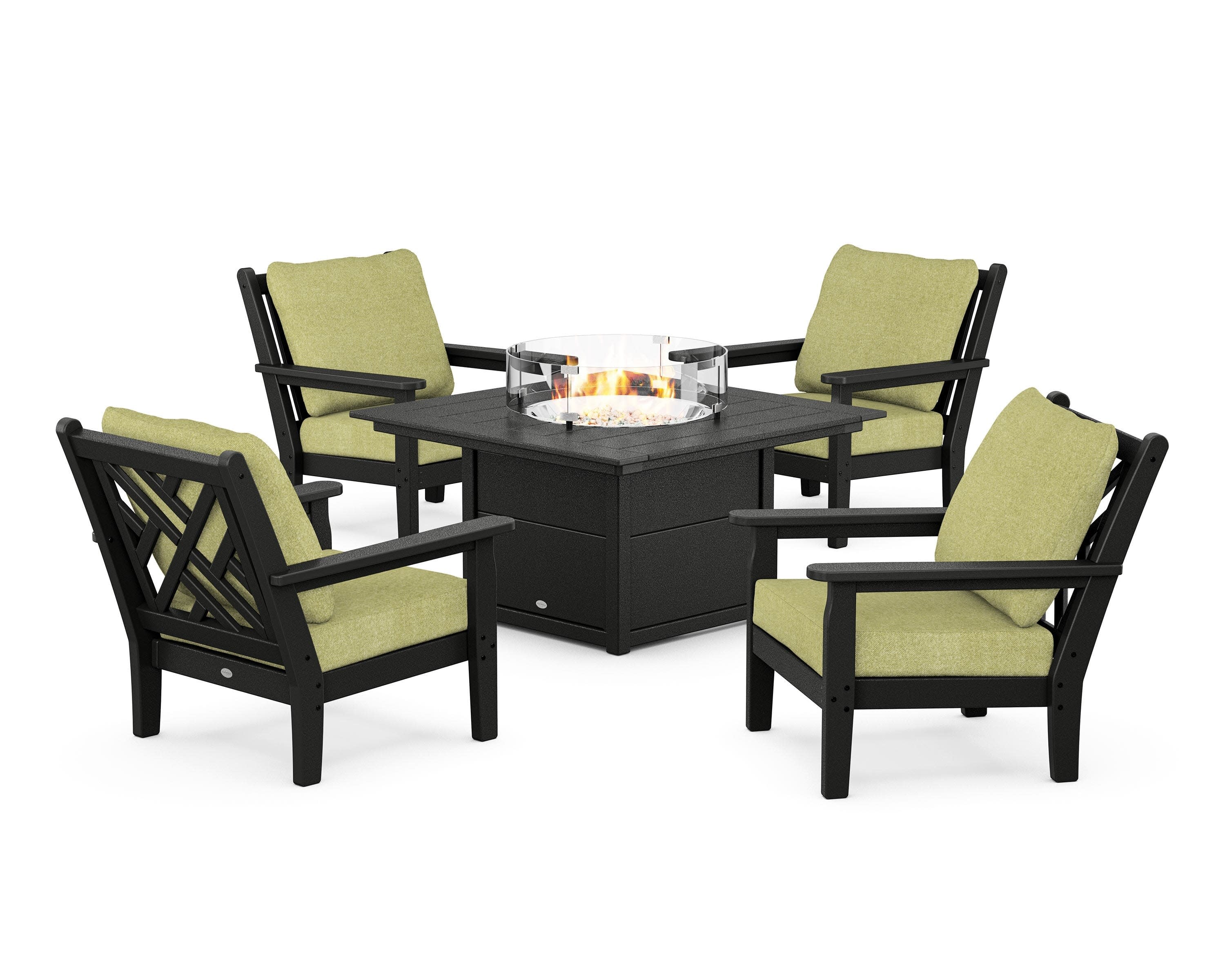 Chippendale 5-Piece Deep Seating Set with Fire Pit Table in Black / Chartreuse Boucle
