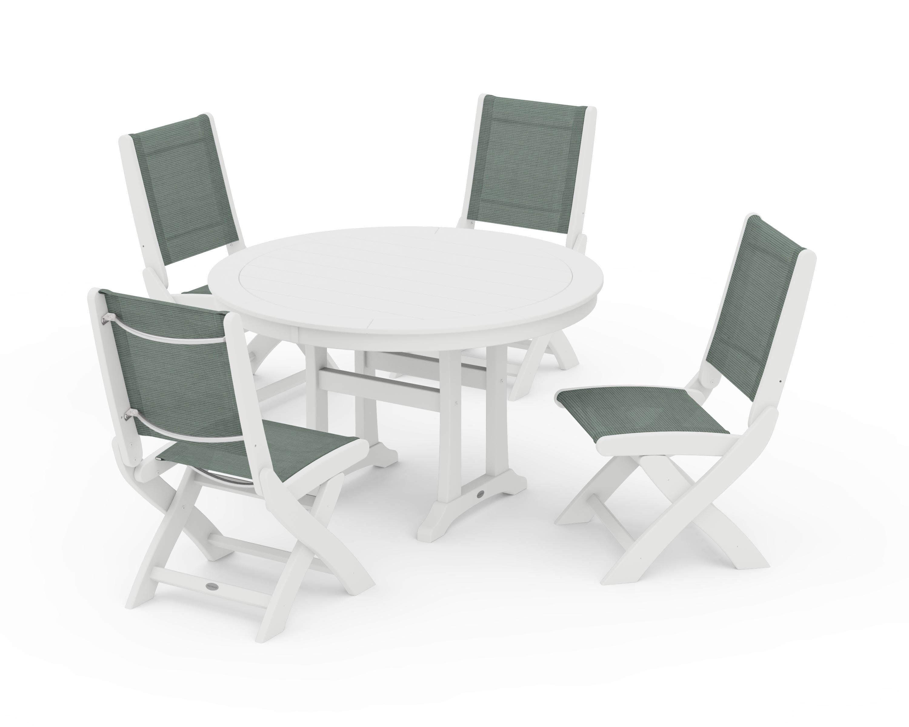 Coastal Folding Side Chair 5-Piece Round Dining Set With Trestle Legs in White / Dupioni Sea Mist Sling