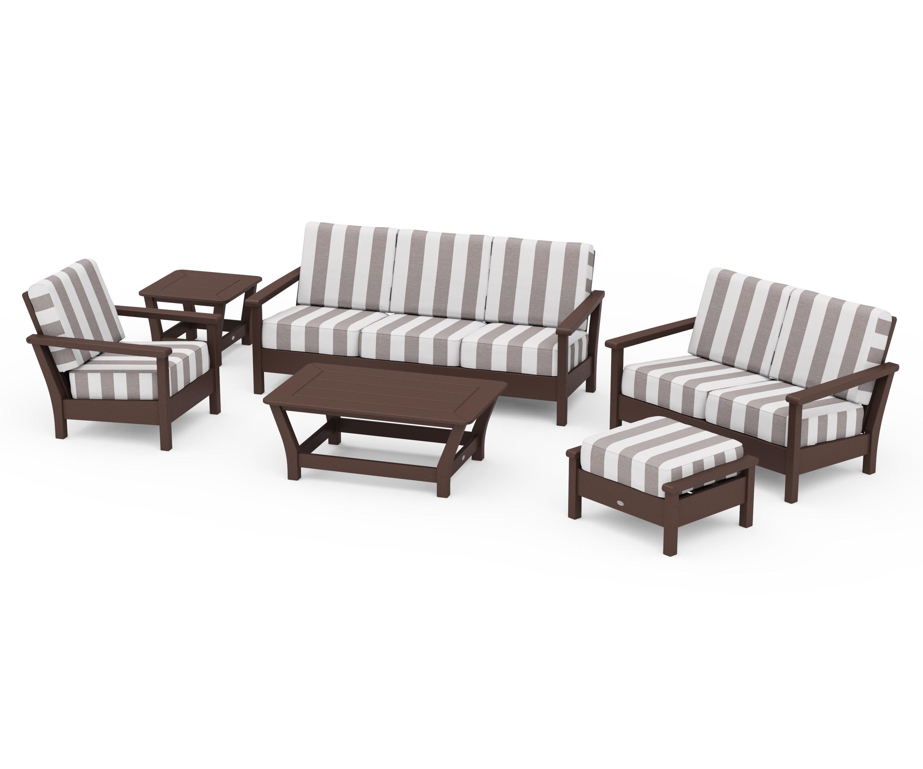 Harbour 6-Piece Outdoor Living Set in Mahogany / Cabana Stripe Grey Mist