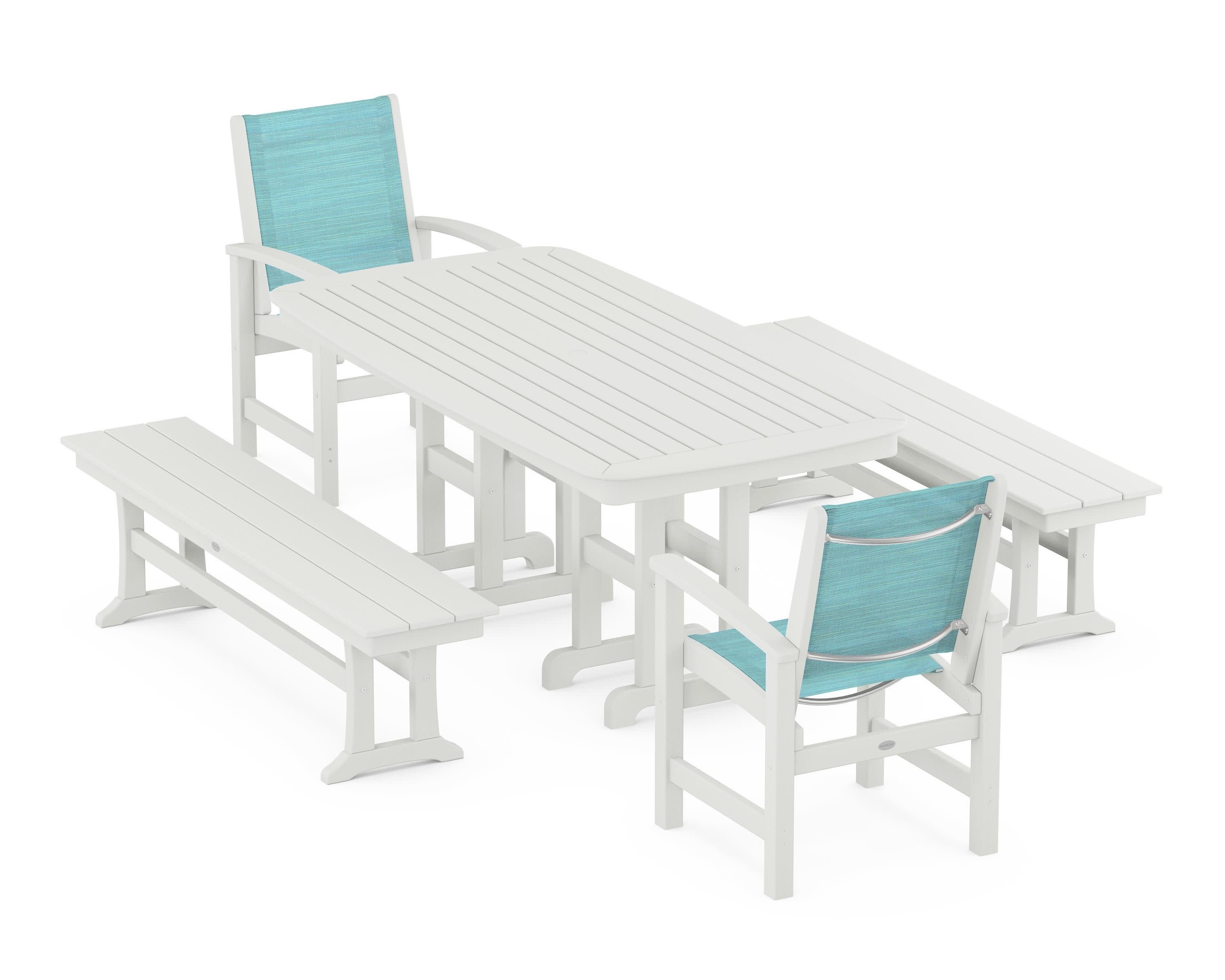 Coastal 5-Piece Dining Set in Vintage White / Dupioni Aquamarine Sling