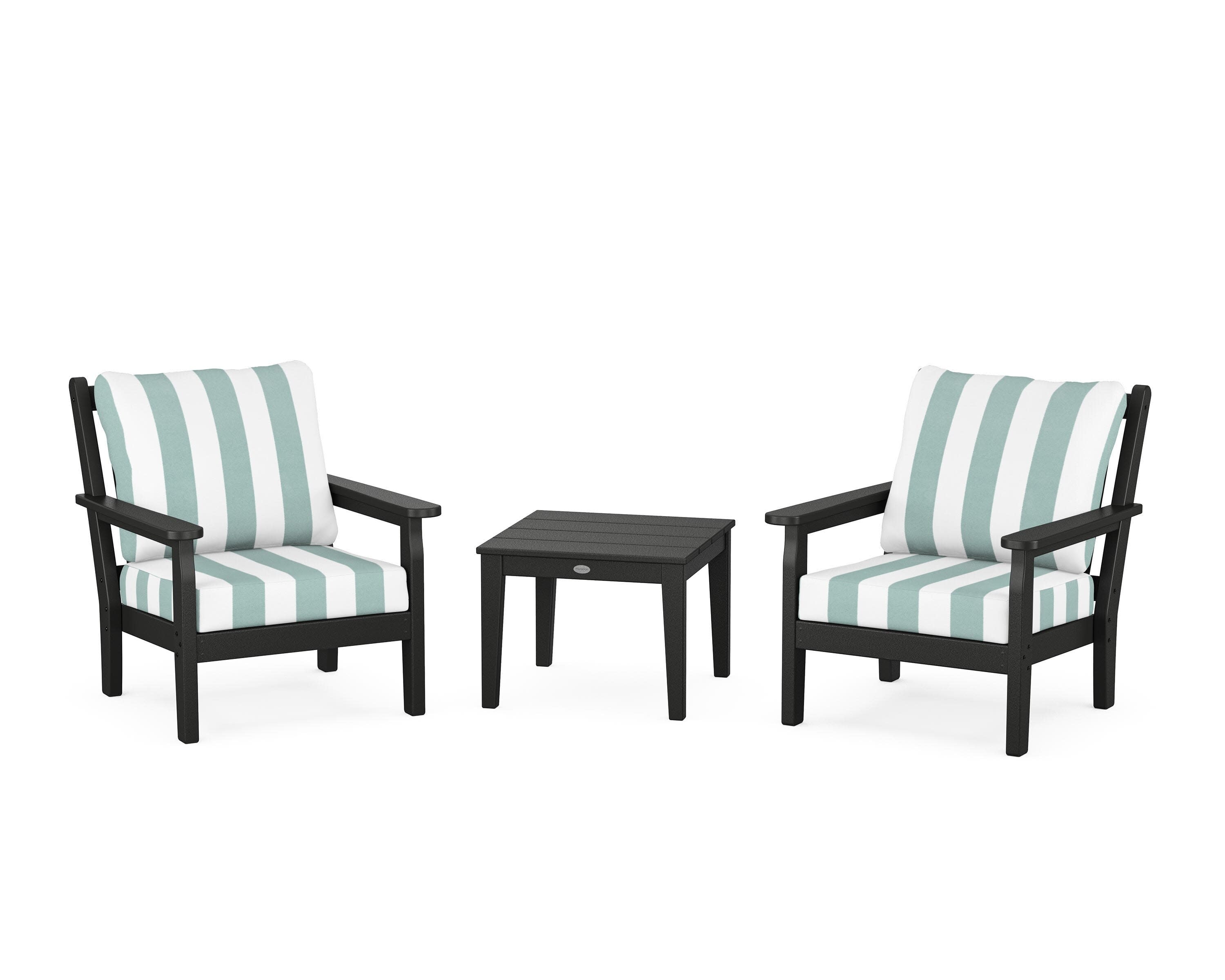 Chippendale 3-Piece Deep Seating Set in Black / Cabana Stripe Glacier Spa