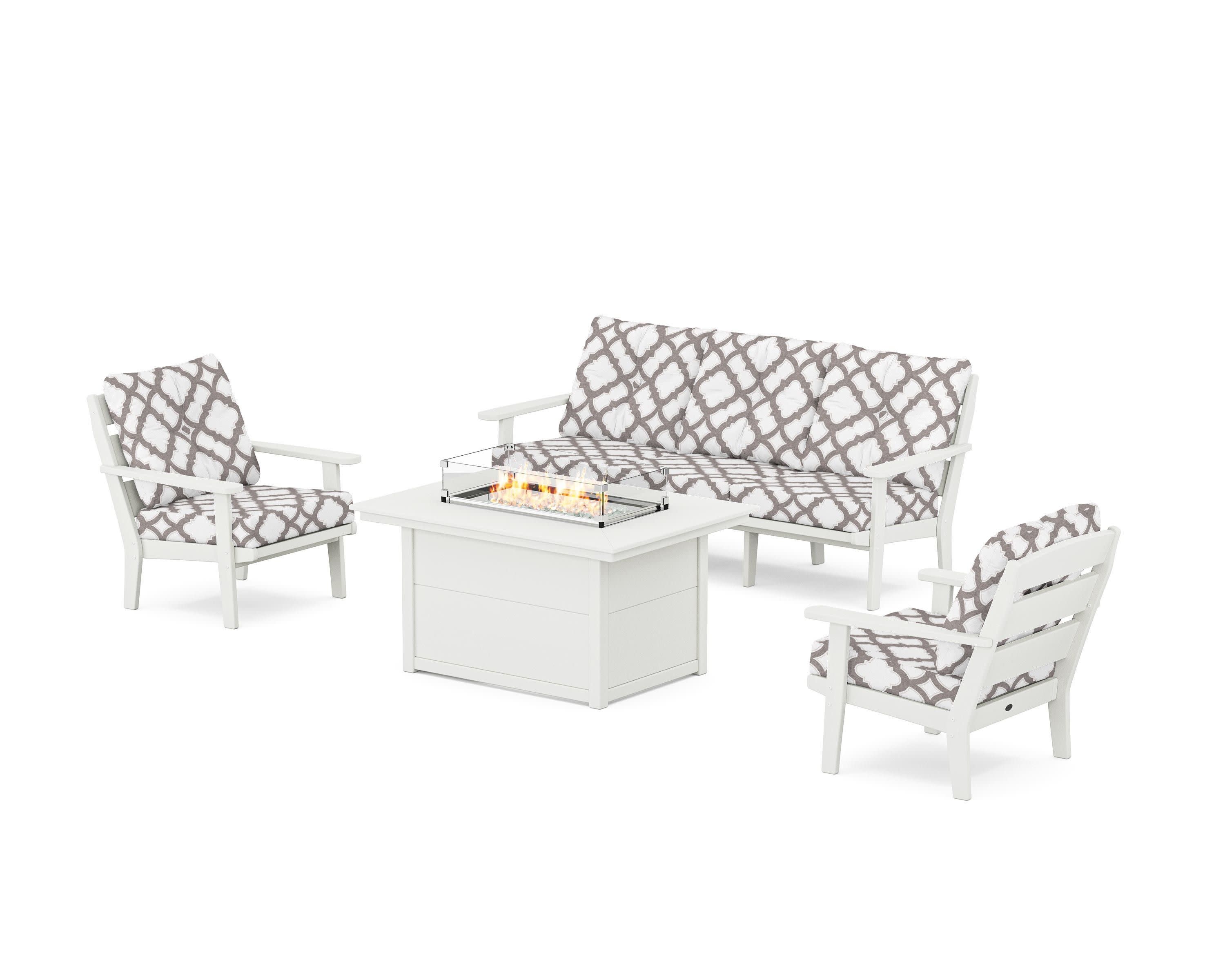Lakeside Deep Seating Fire Pit Table Set in Vintage White / Trellis Grey Mist