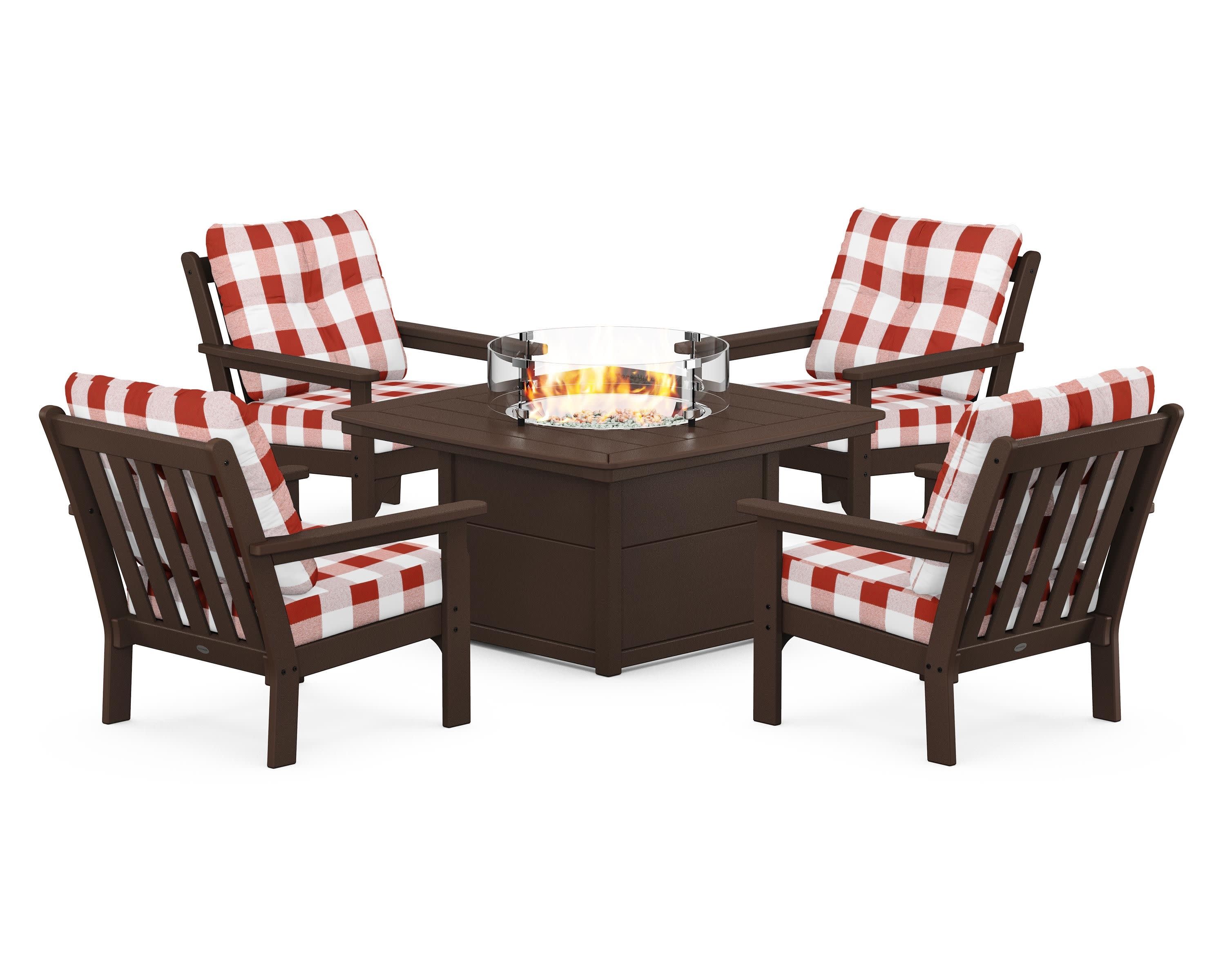 Vineyard 5-Piece Conversation Set with Fire Pit Table in Mahogany / Buffalo Plaid Crimson