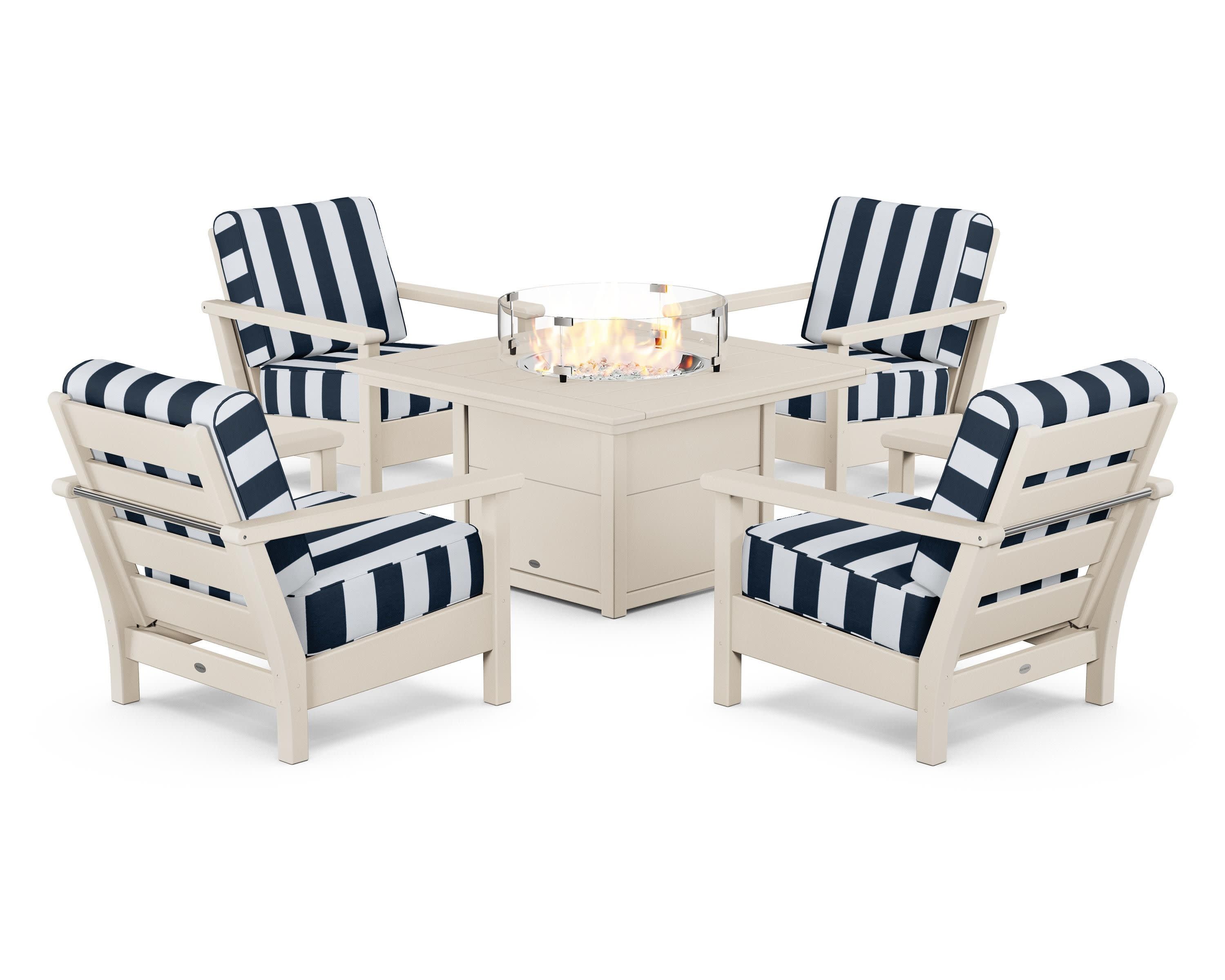Harbour 5-Piece Conversation Set with Fire Pit Table in Sand / Cabana Stripe Marine Indigo