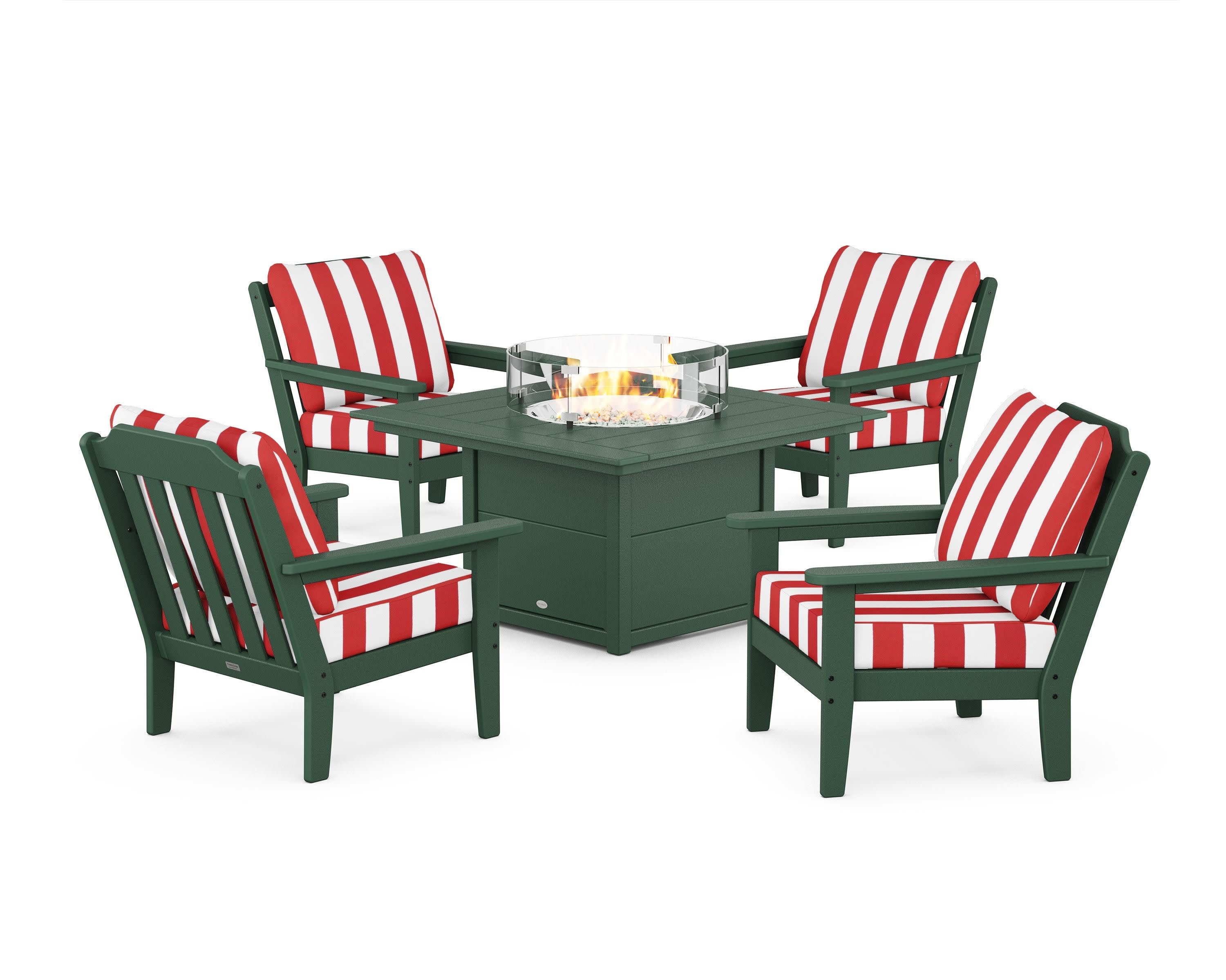 Cottage 5-Piece Deep Seating Set with Fire Pit Table in Green / Cabana Stripe Crimson