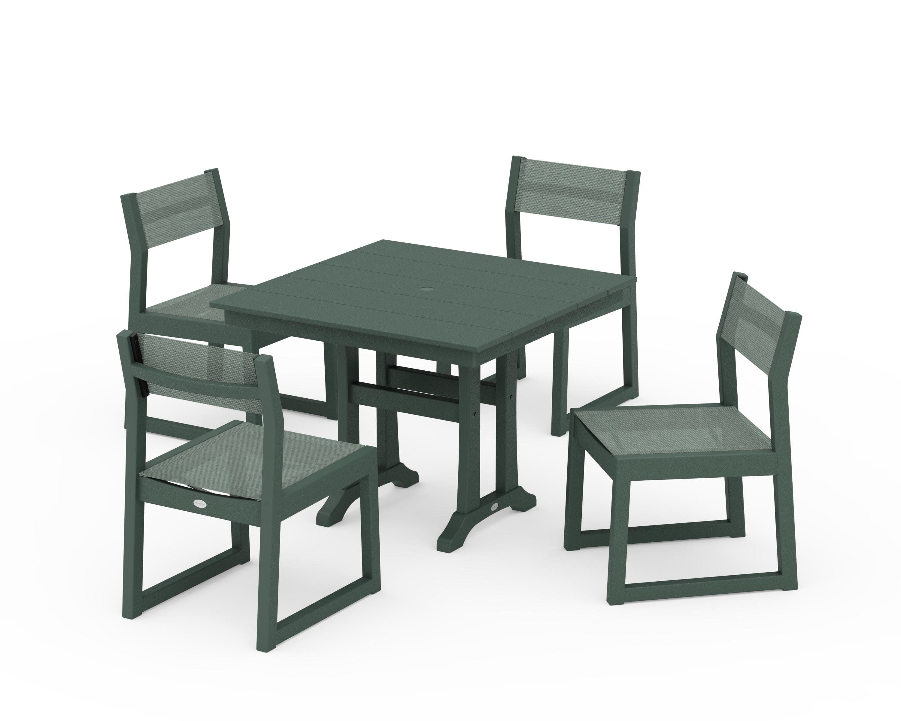 EDGE Sling 5-Piece Farmhouse Trestle Side Chair Dining Set in Green / Dupioni Sea Mist Sling