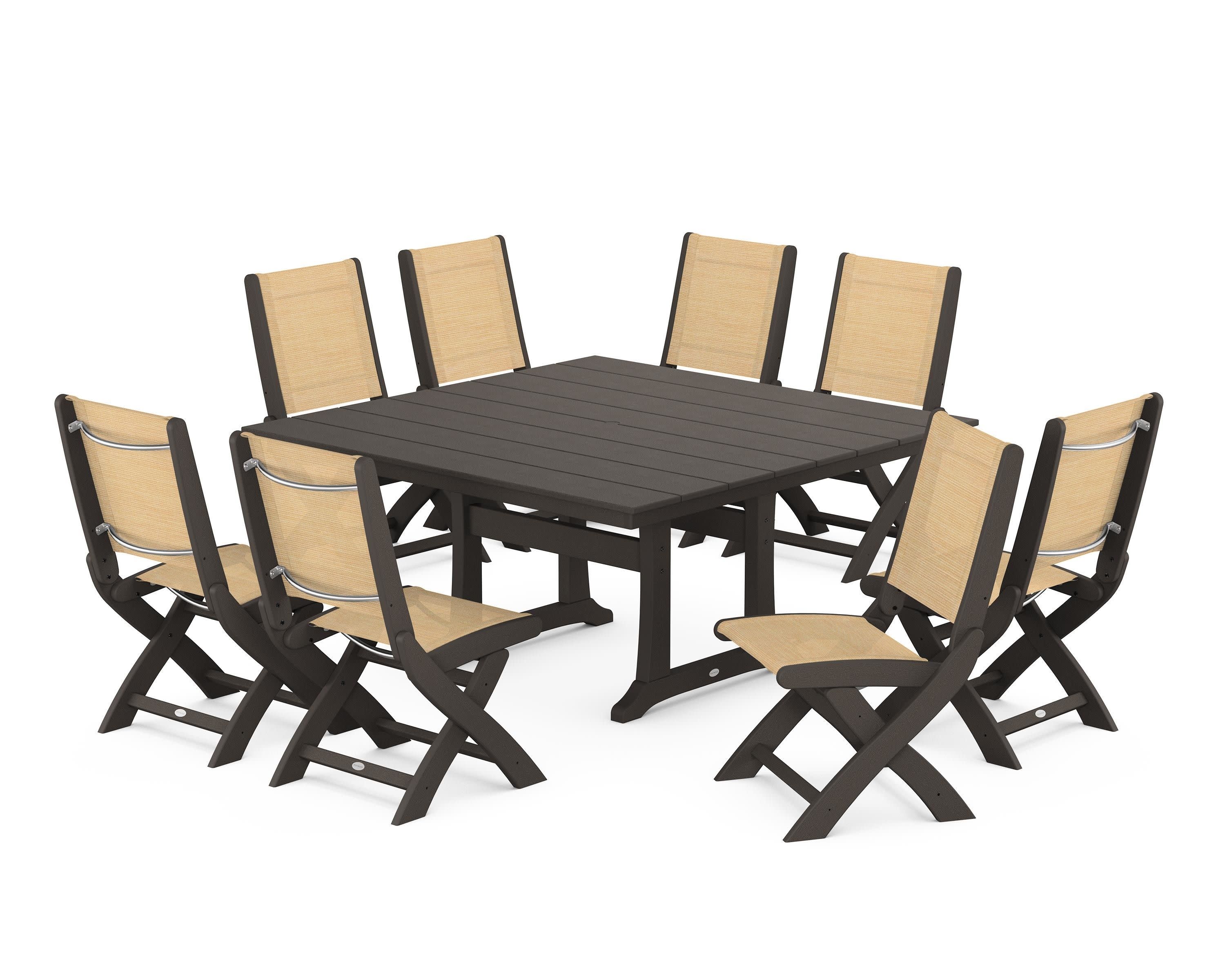 Coastal Folding Side Chair 9-Piece Farmhouse Dining Set in Vintage Coffee / Dupioni Apricot Sling