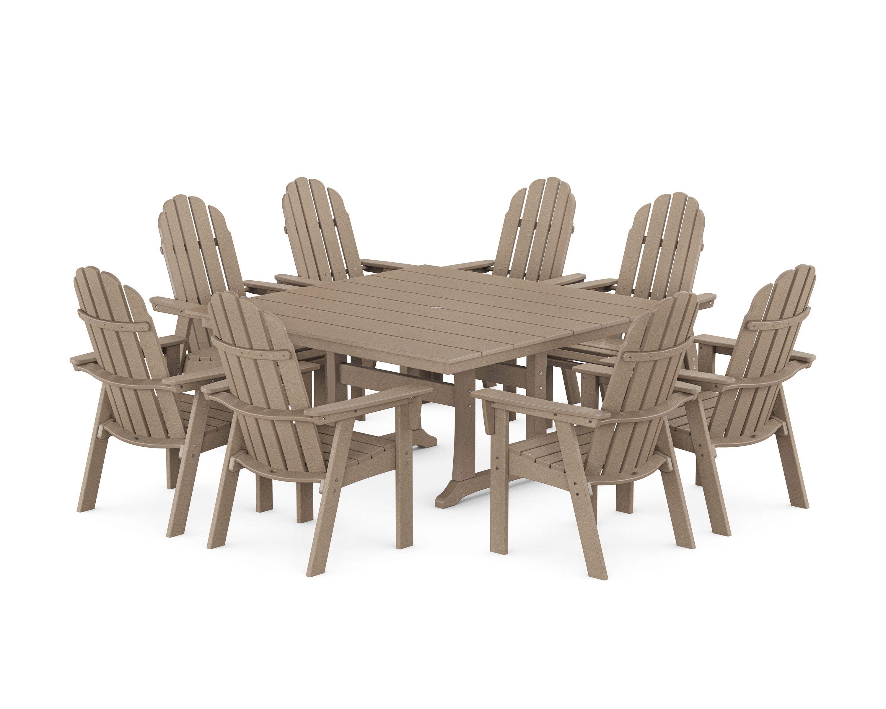 Vineyard Curveback Adirondack 9-Piece Square Farmhouse Dining Set with Trestle Legs in Vintage Sahara