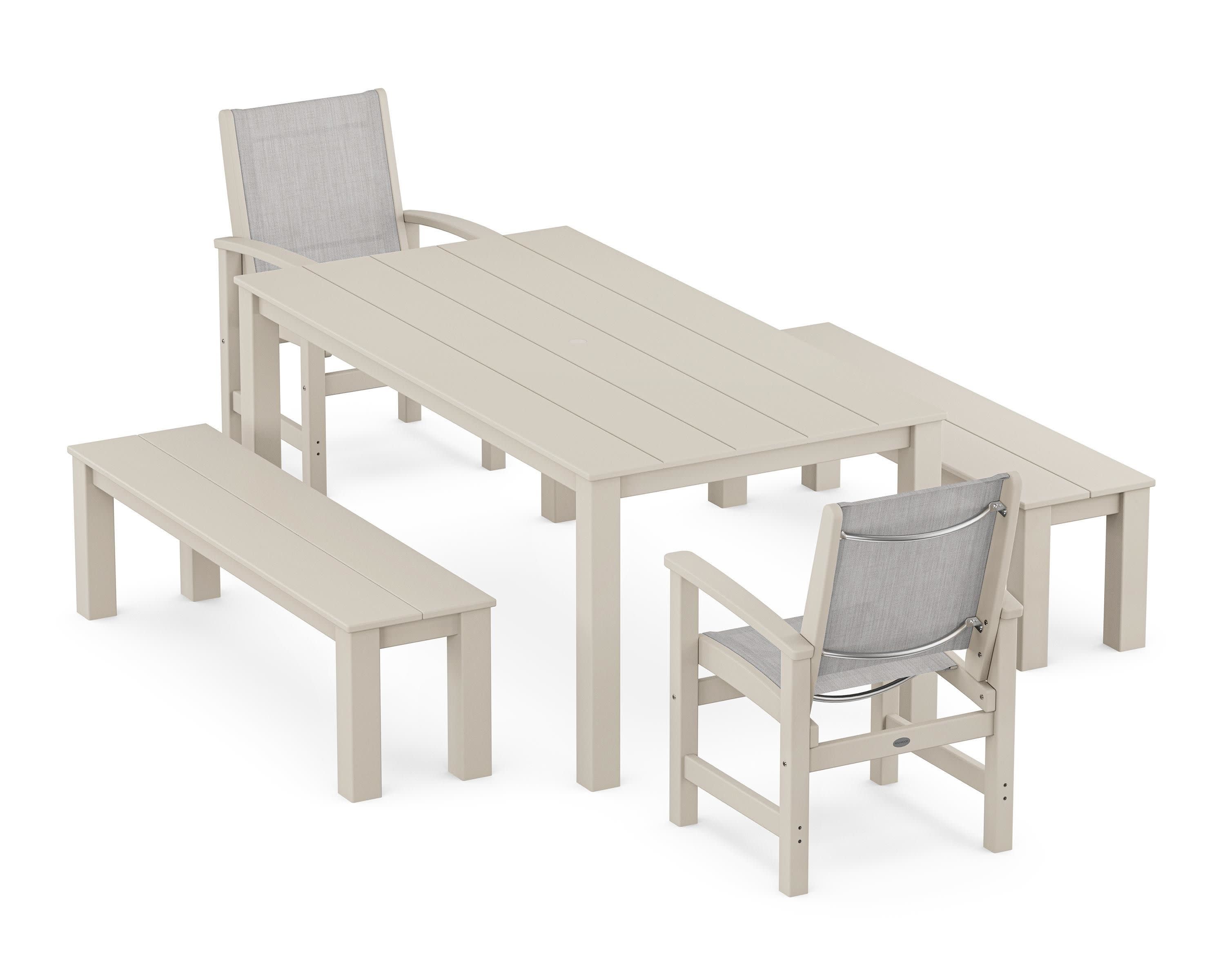 Coastal 5-Piece Parsons Dining Set with Benches in Sand / Parchment Sling