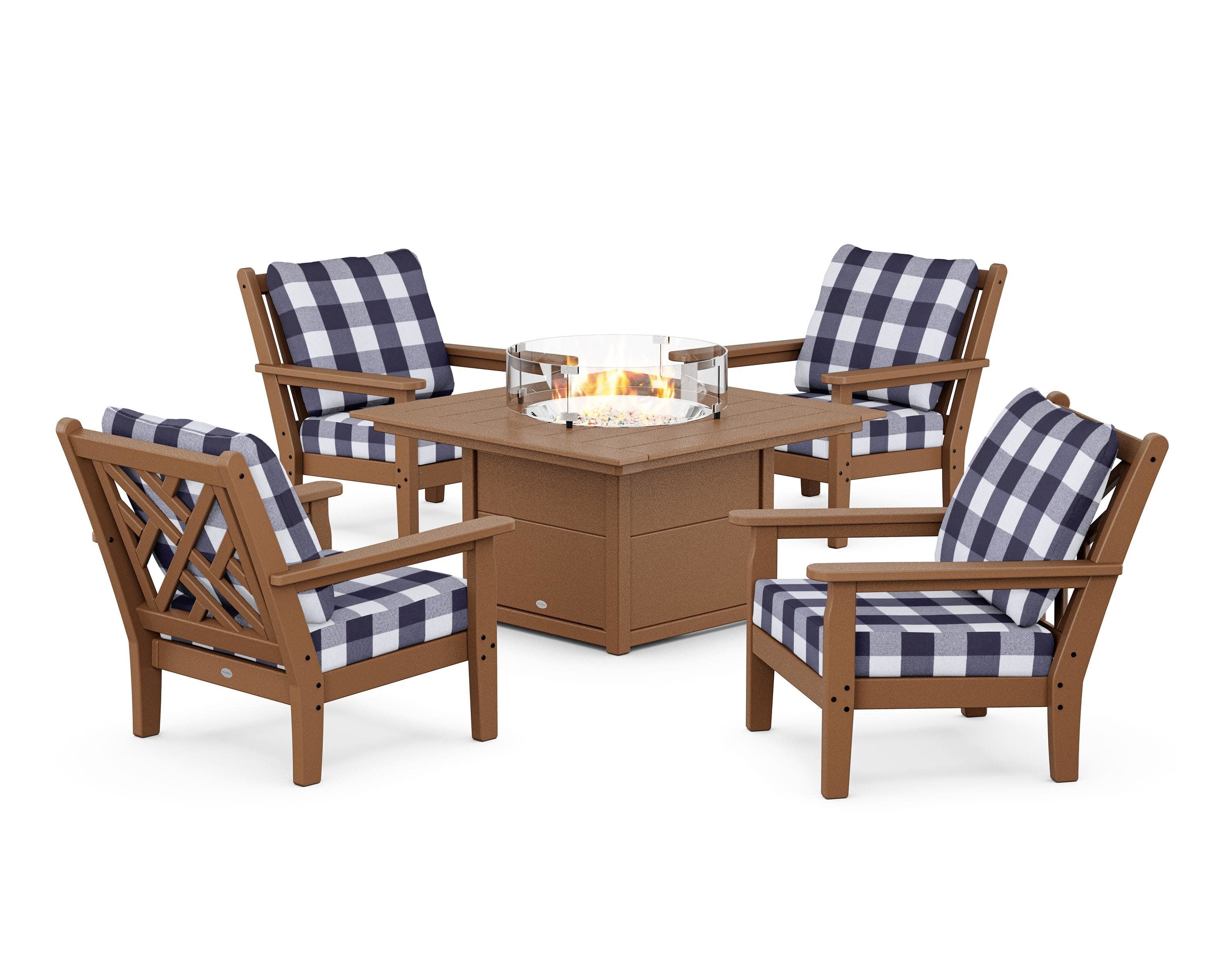 Chippendale 5-Piece Deep Seating Set with Fire Pit Table in Teak / Buffalo Plaid Navy
