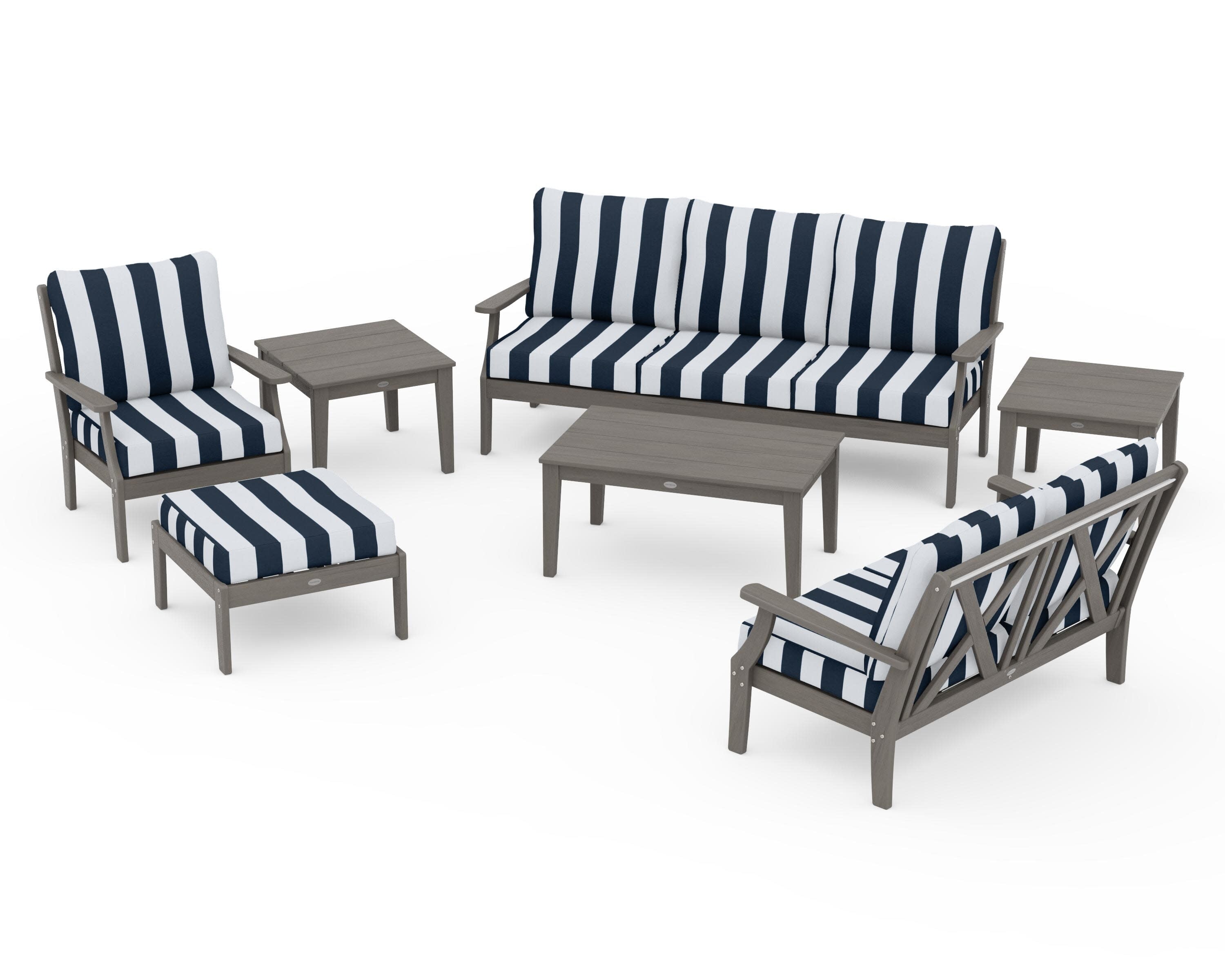 Braxton 7-Piece Deep Seating Set in Driftwood / Cabana Stripe Marine Indigo