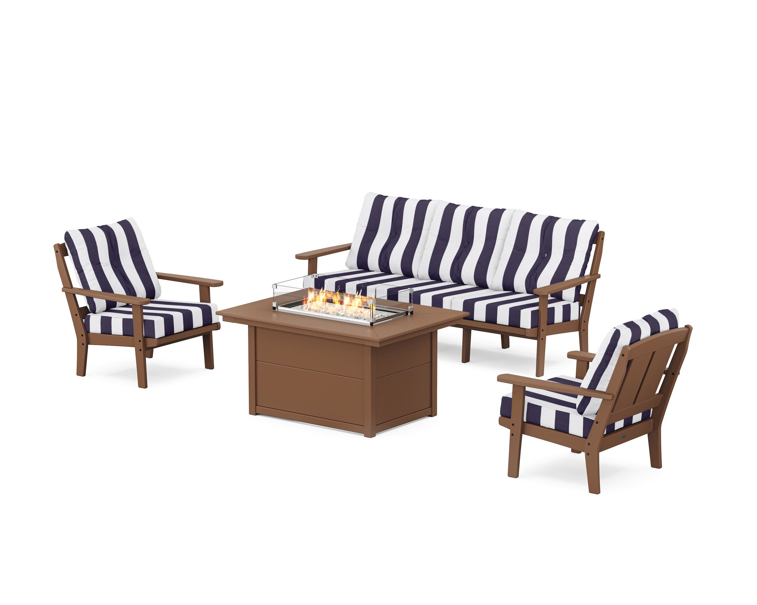 Mission Deep Seating Fire Pit Table Set in Teak / Cabana Stripe Navy