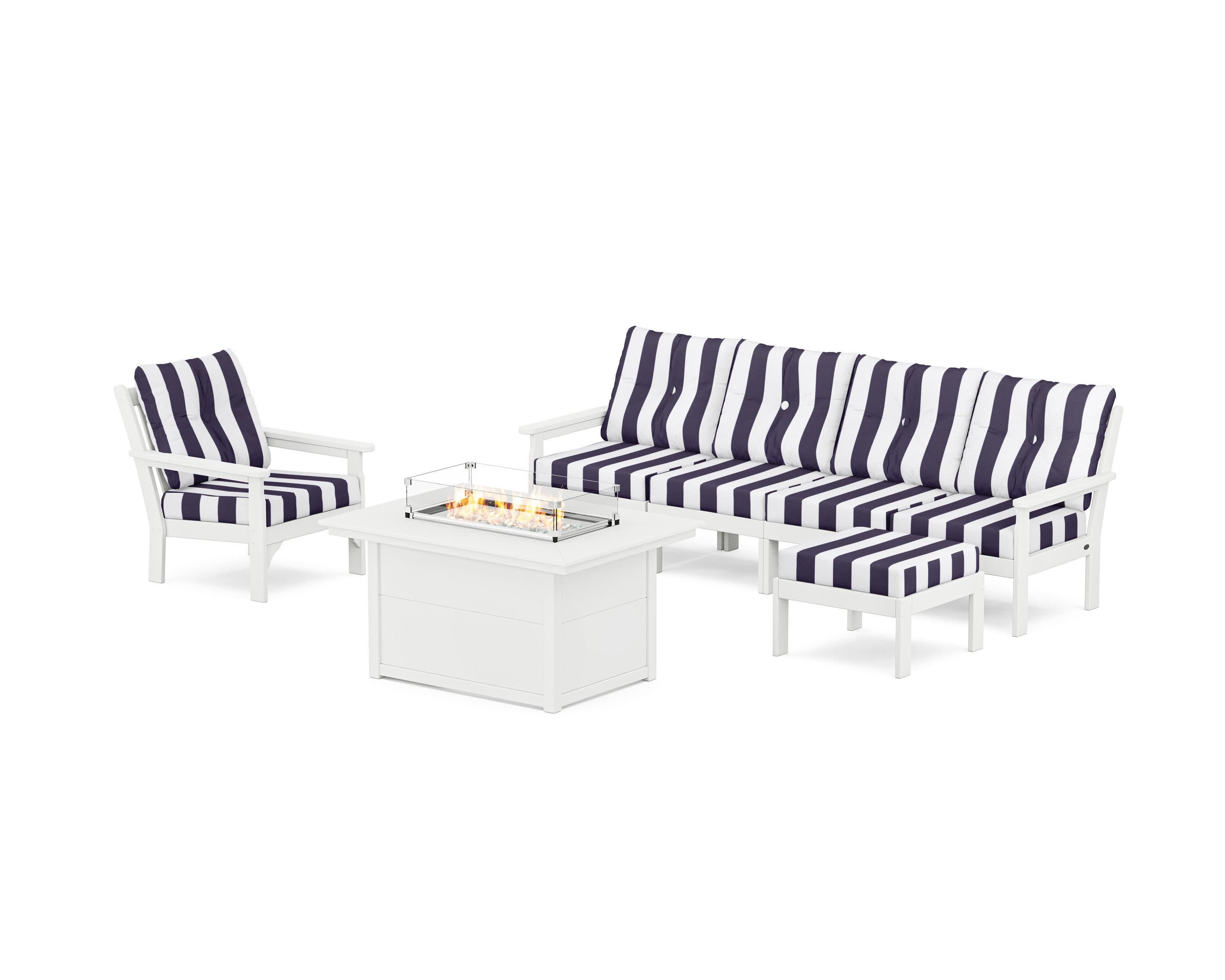Vineyard Sectional Lounge and Fire Pit Set in White / Cabana Stripe Navy