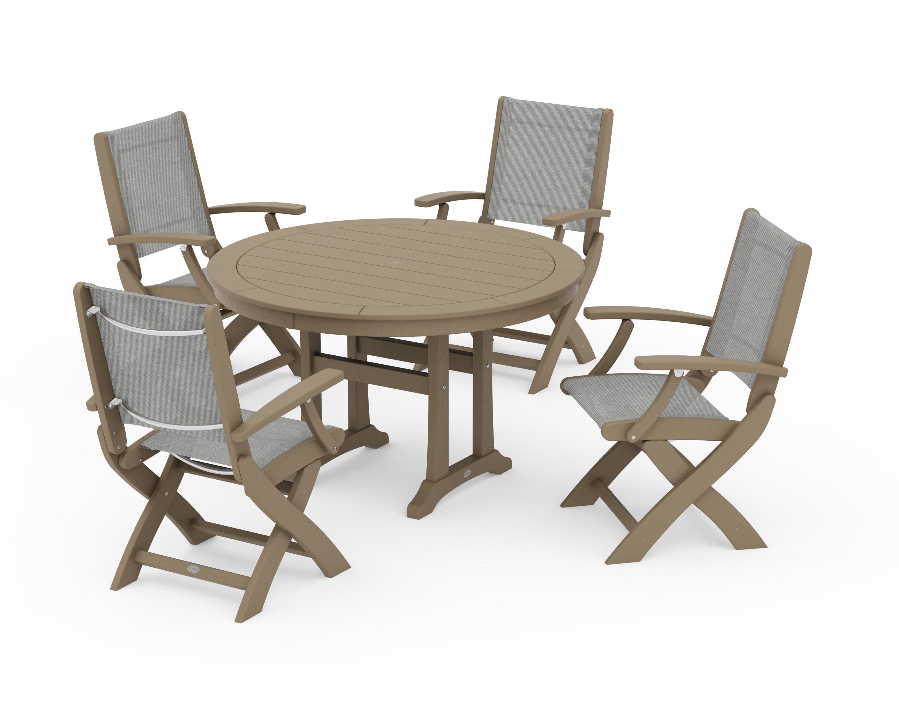 Coastal Folding Chair 5-Piece Round Dining Set with Trestle Legs in Vintage Sahara / Metallic Sling