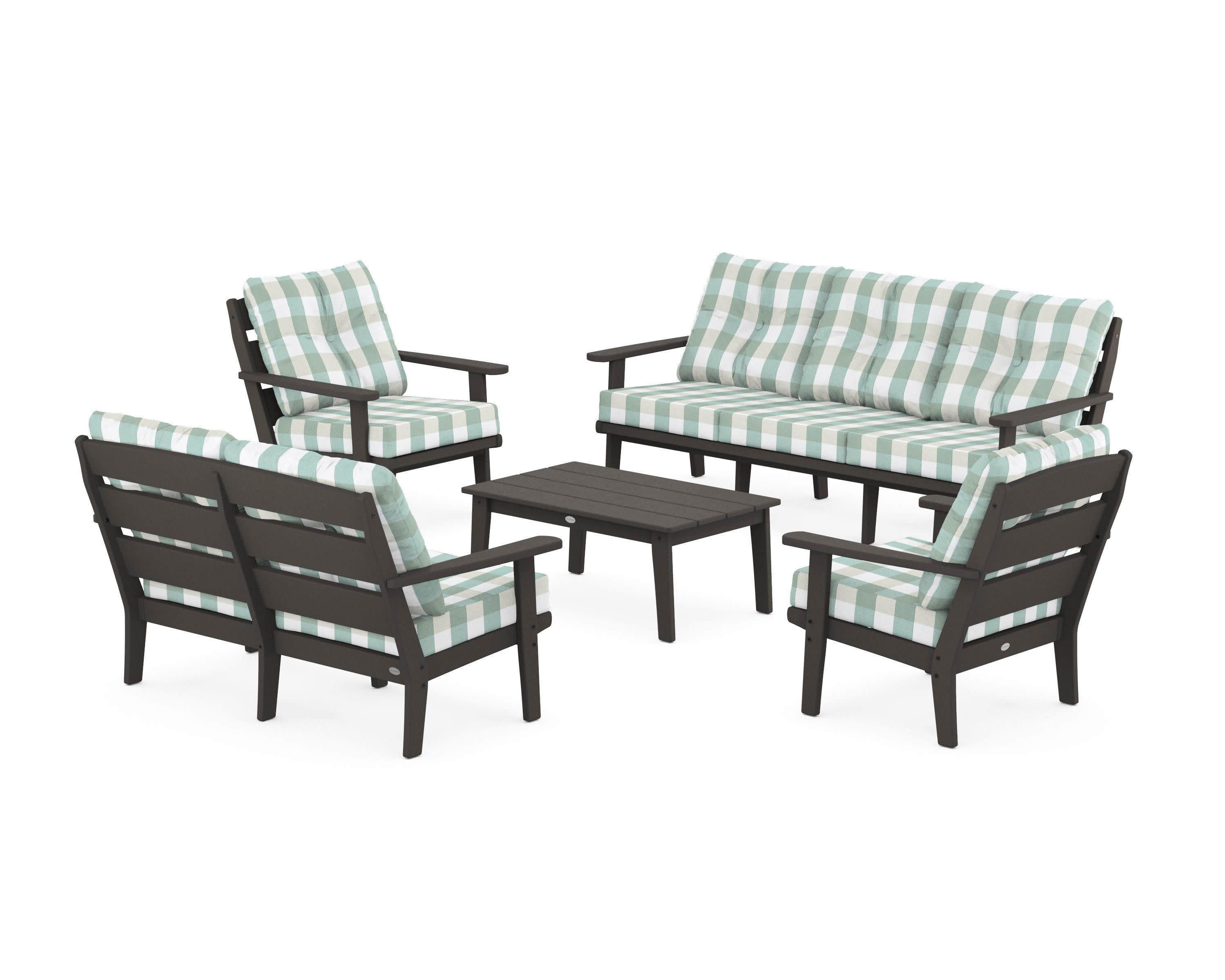 Lakeside 5-Piece Lounge Sofa Set in Vintage Coffee / Buffalo Plaid Glacier Spa