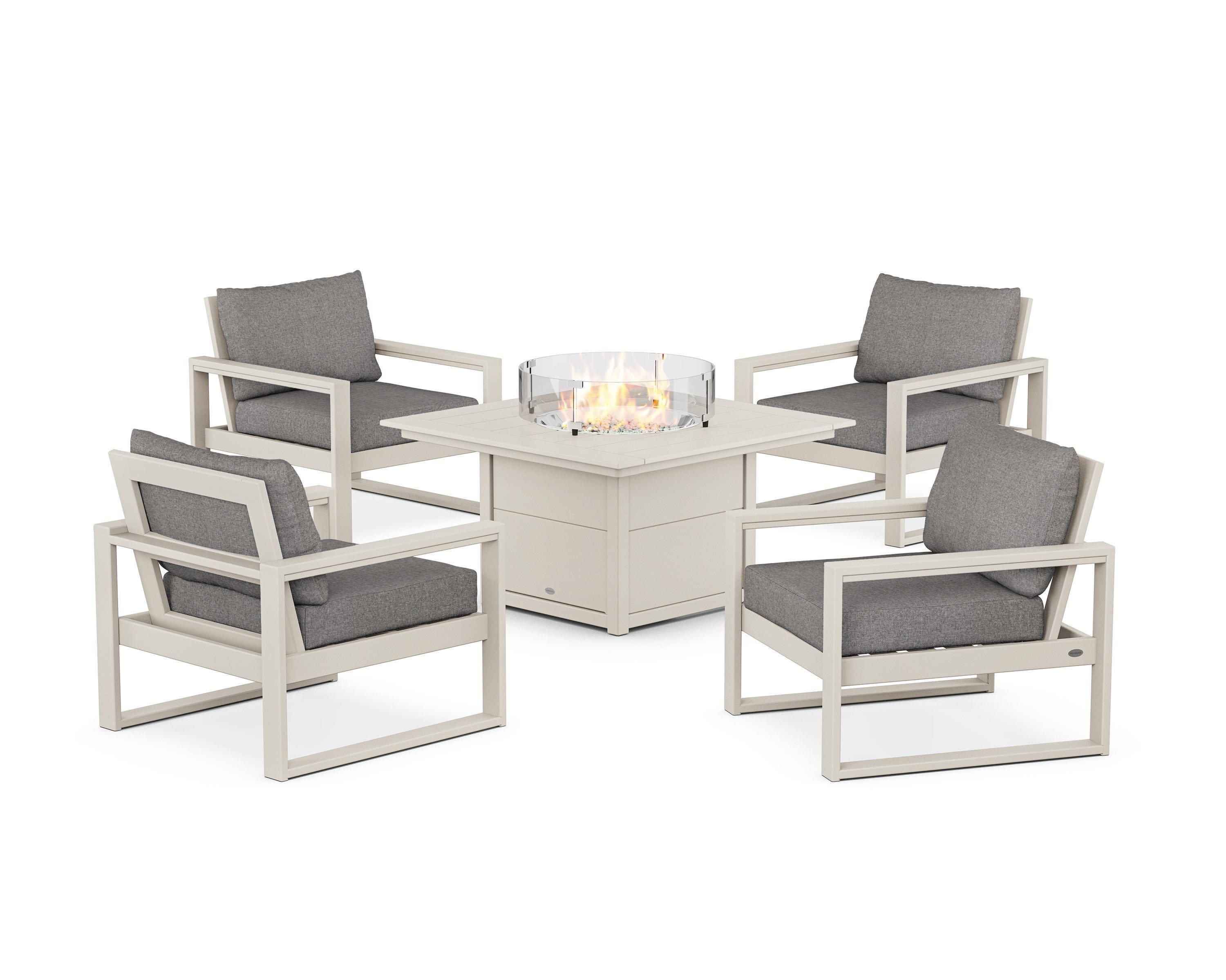 EDGE Sectional 5-Piece Deep Seating Set with Fire Pit Table in Sand / Grey Mist