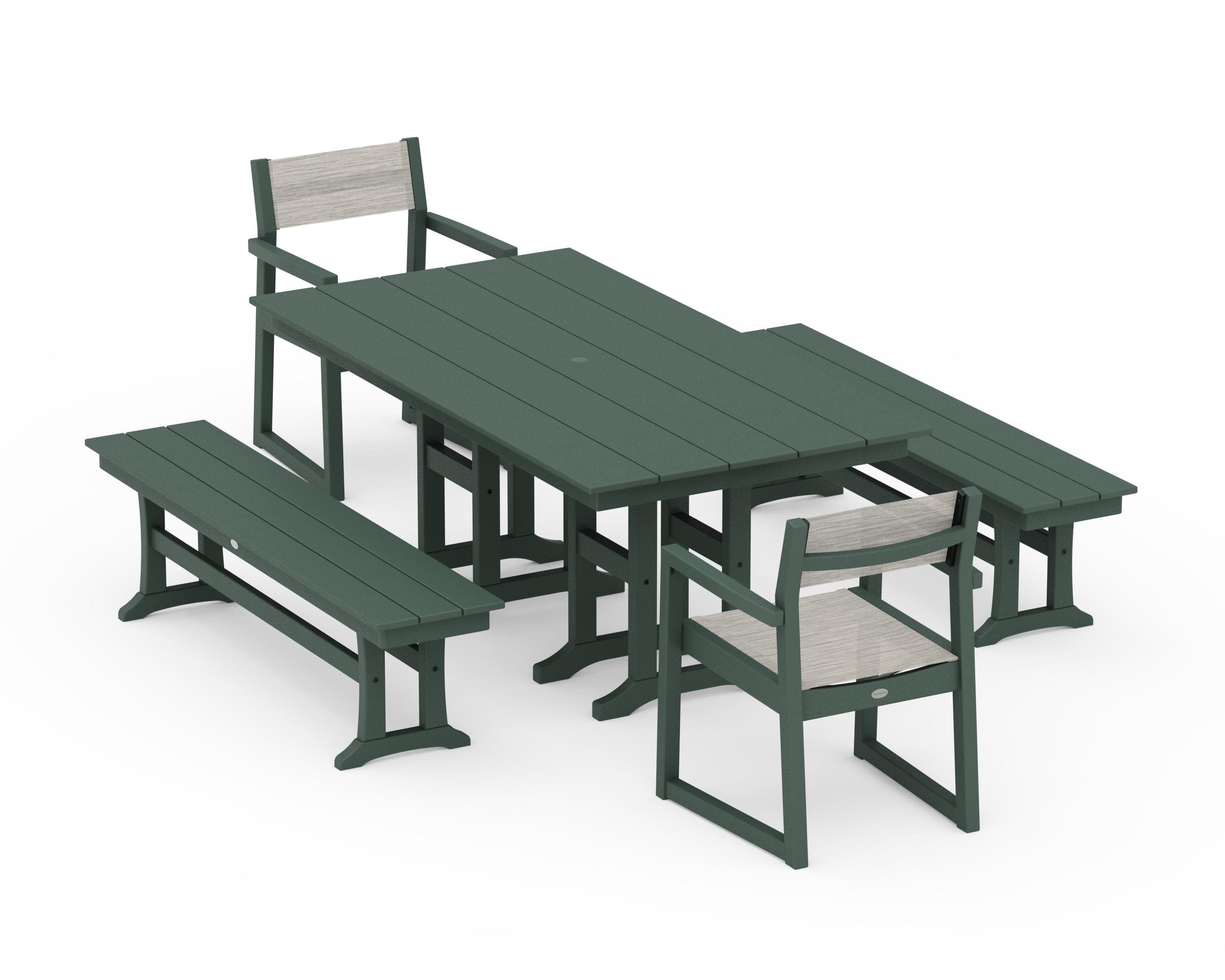 EDGE Sling Arm Chair 5-Piece Farmhouse Dining Set with Benches in Green / Birch Sling