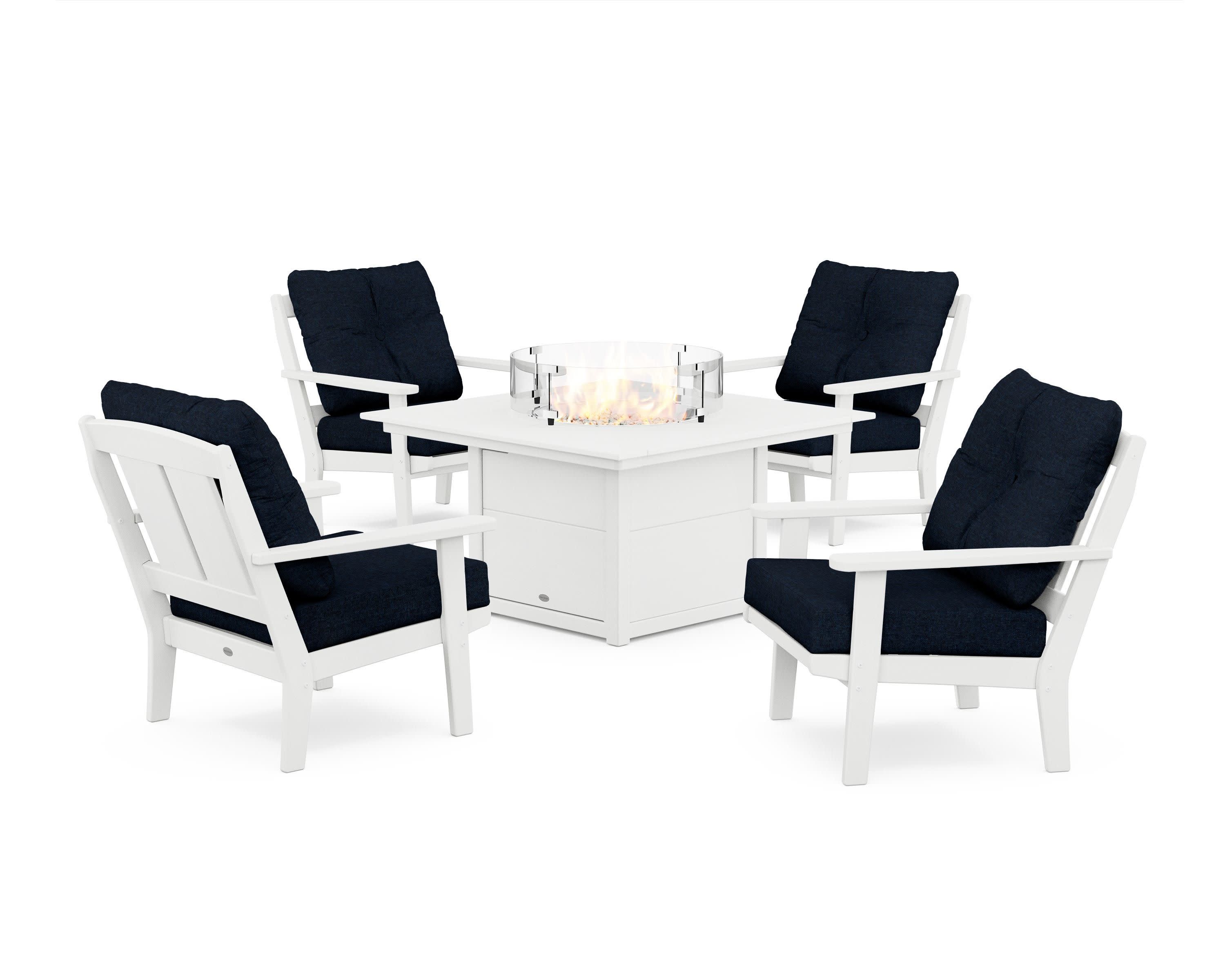 Mission 5-Piece Deep Seating Set with Fire Pit Table in White / Marine Indigo