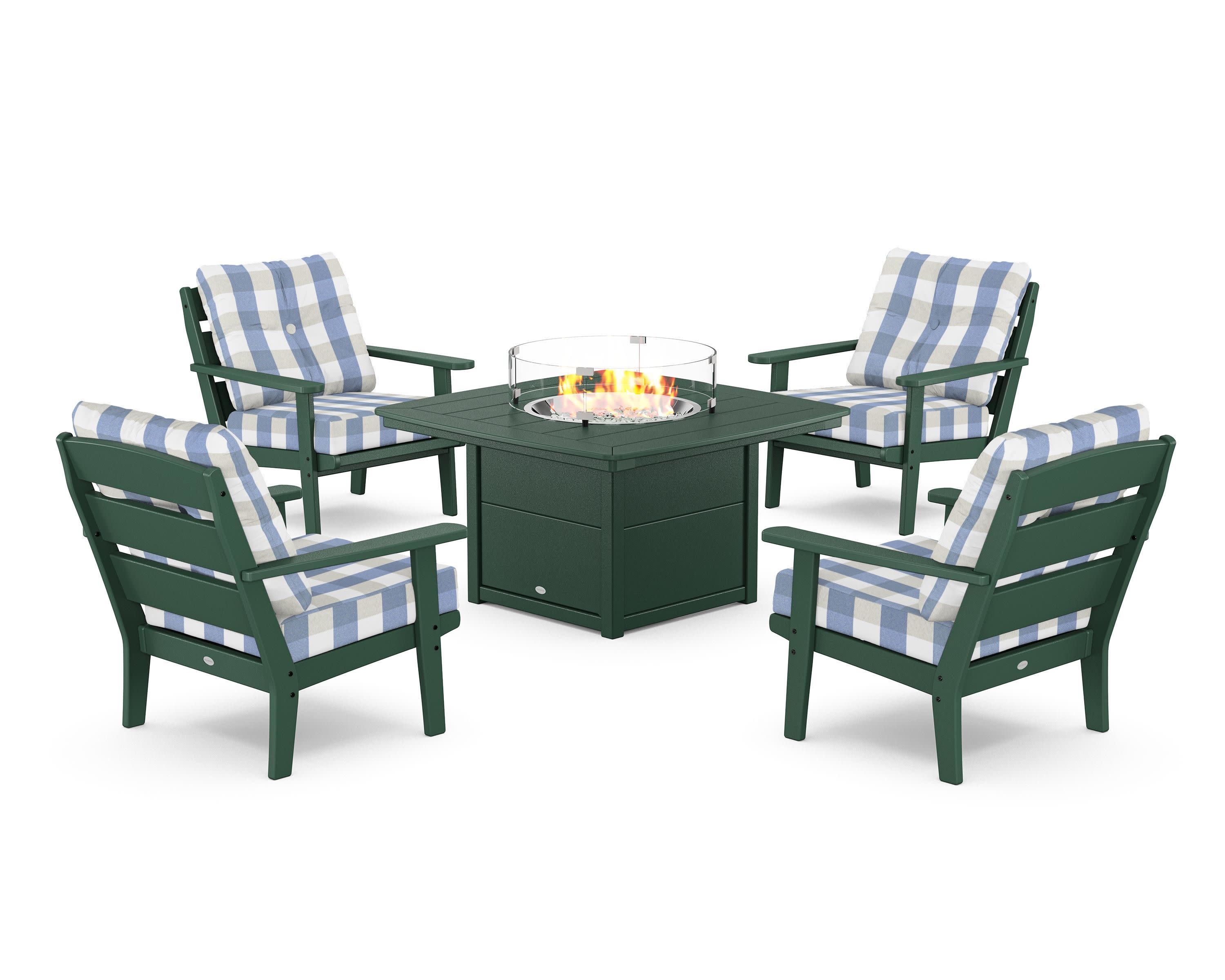Lakeside 5-Piece Deep Seating Set with Nautical Fire Pit Table in Green / Buffalo Plaid Sky Blue