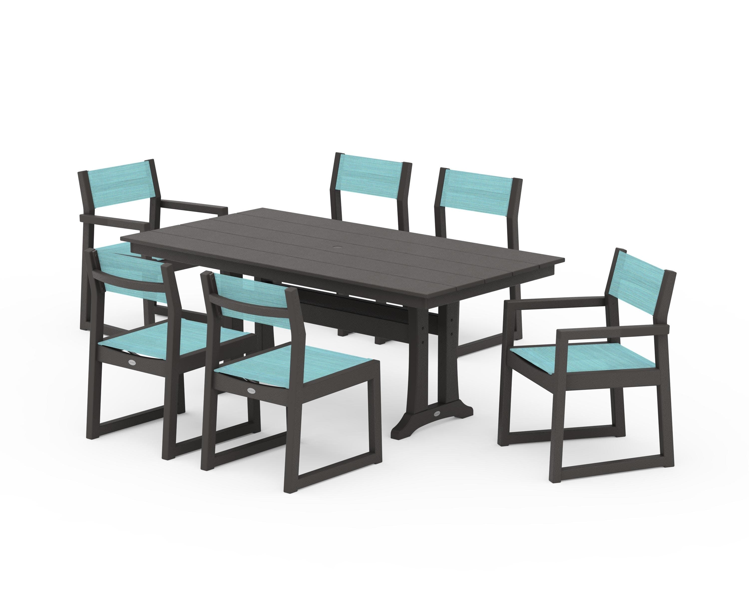 EDGE Sling 7-Piece Farmhouse Trestle Dining Set in Vintage Coffee / Dupioni Aquamarine Sling