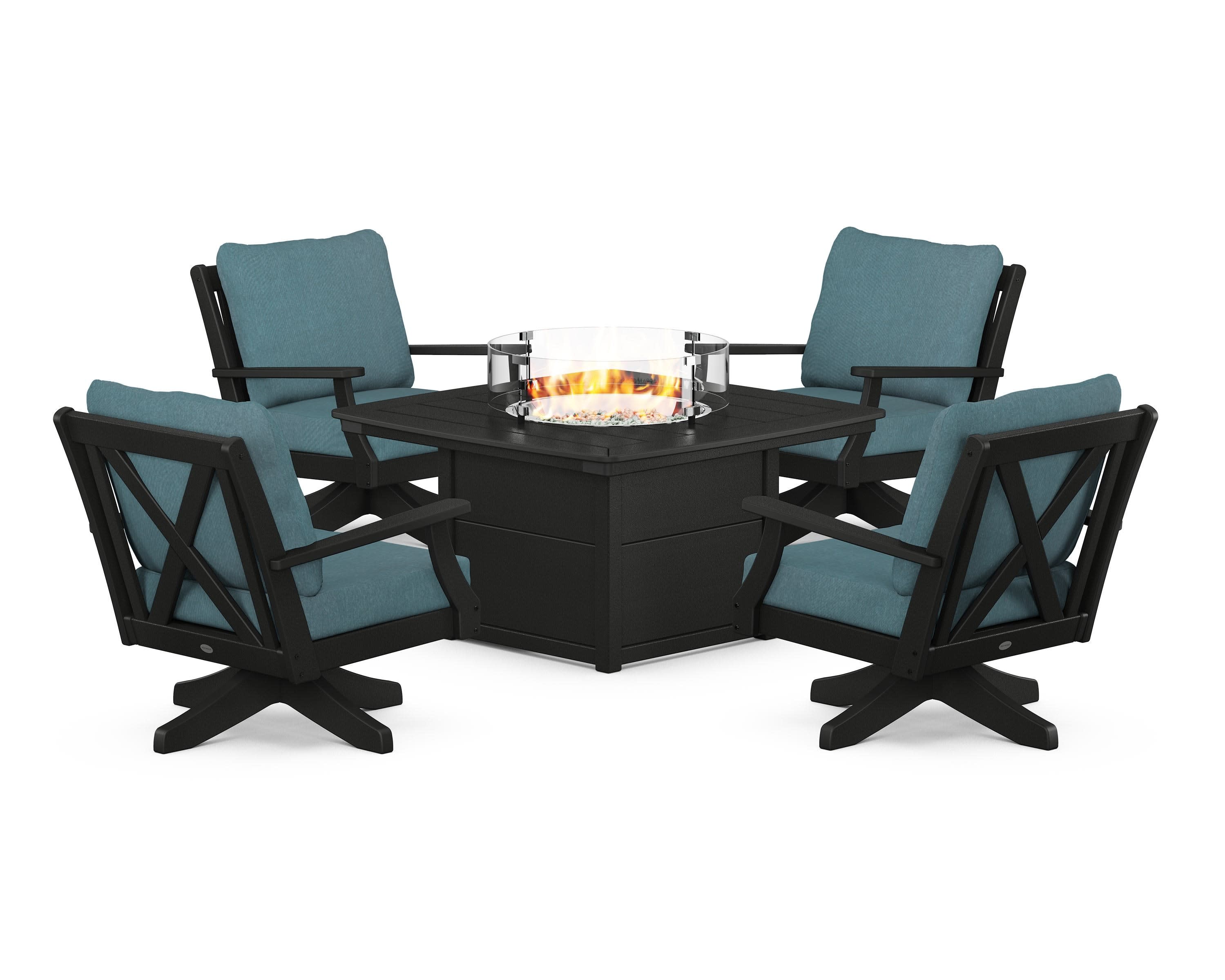 Braxton 5-Piece Deep Seating Swivel Conversation Set with Fire Pit Table in Black / Ocean Teal