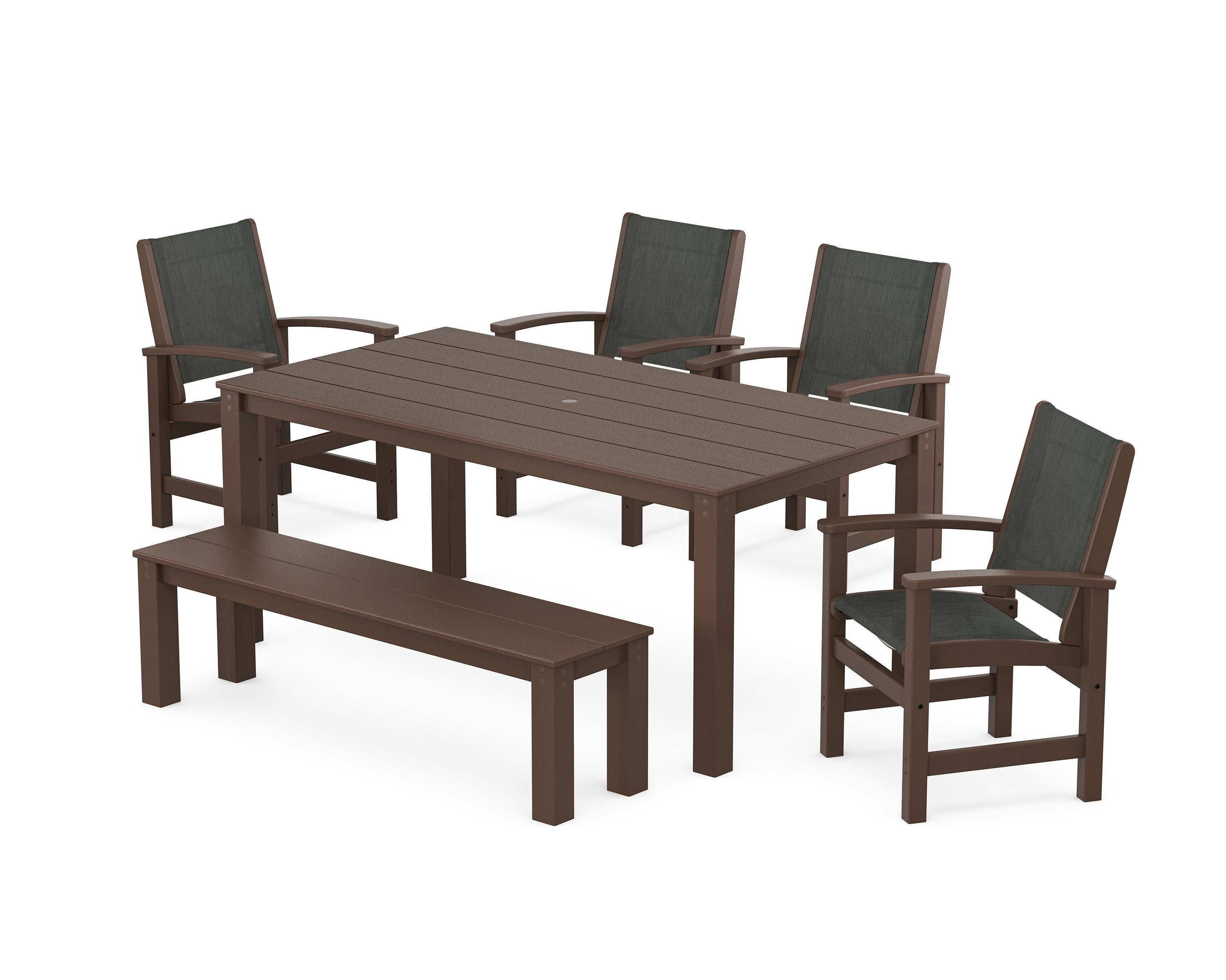 Coastal 6-Piece Parsons Dining Set with Bench in Mahogany / Ember Sling