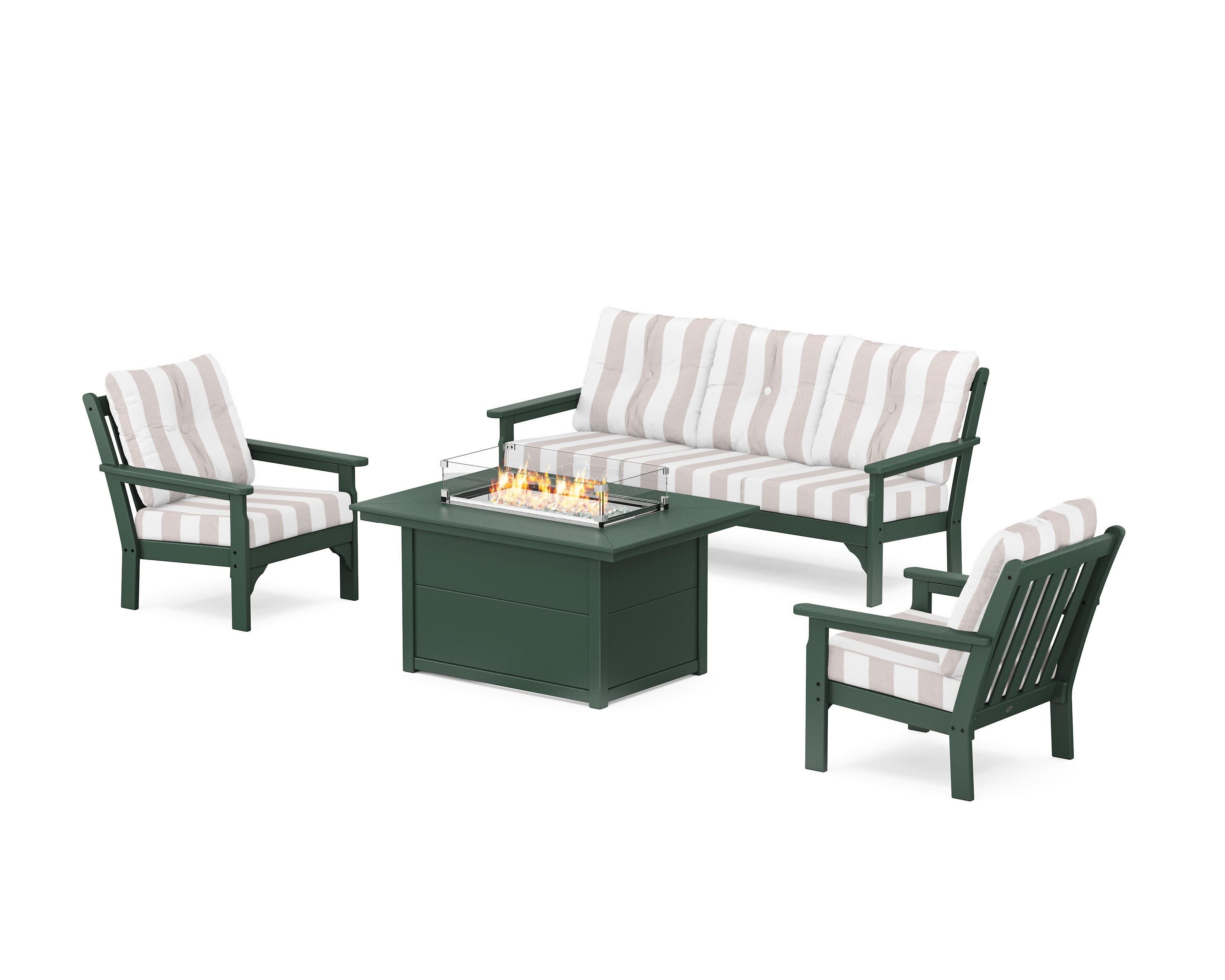 Vineyard Deep Seating Fire Pit Table Set in Green / Cabana Stripe Dune Burlap