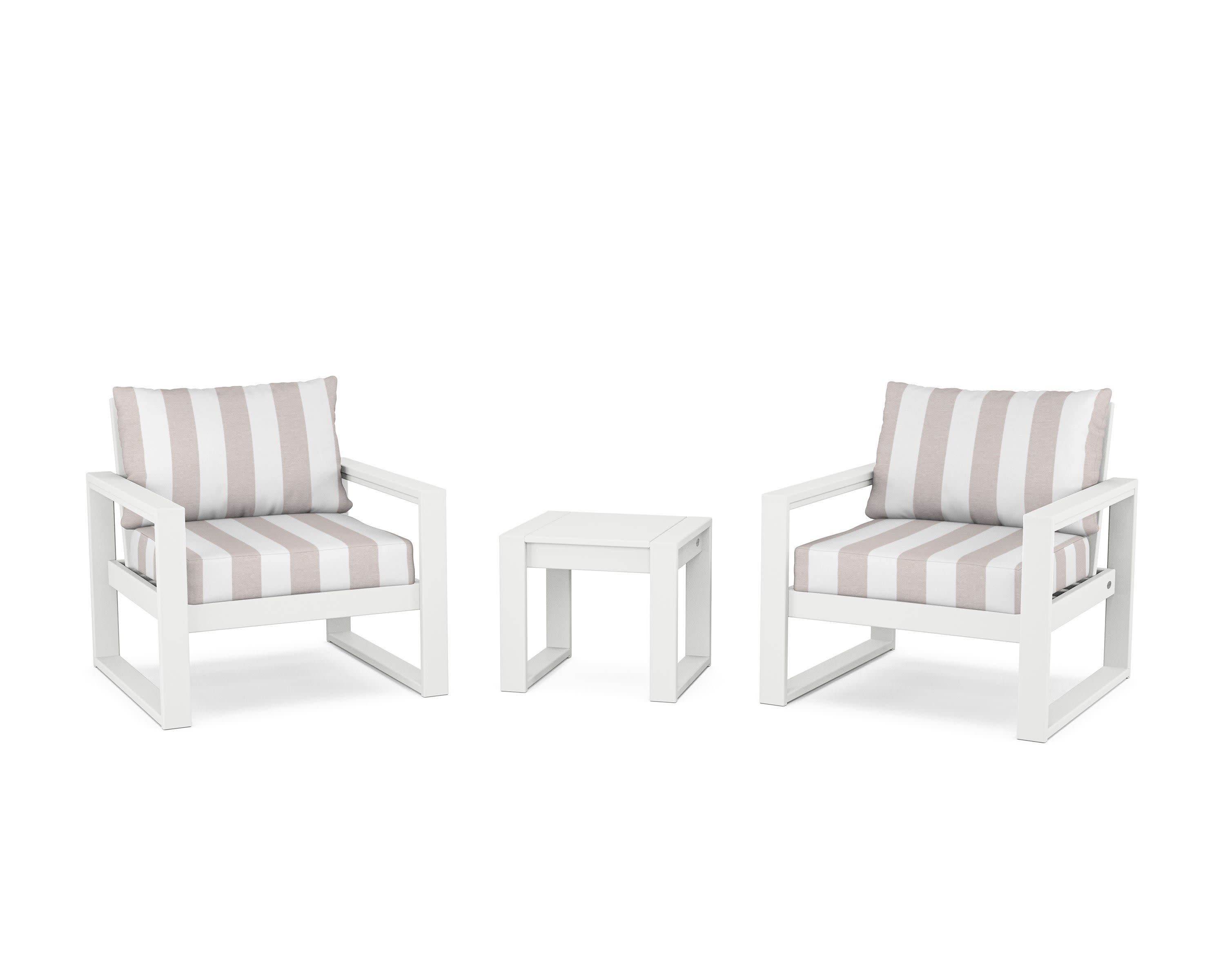 EDGE Sectional 3-Piece Deep Seating Set in White / Cabana Stripe Dune Burlap