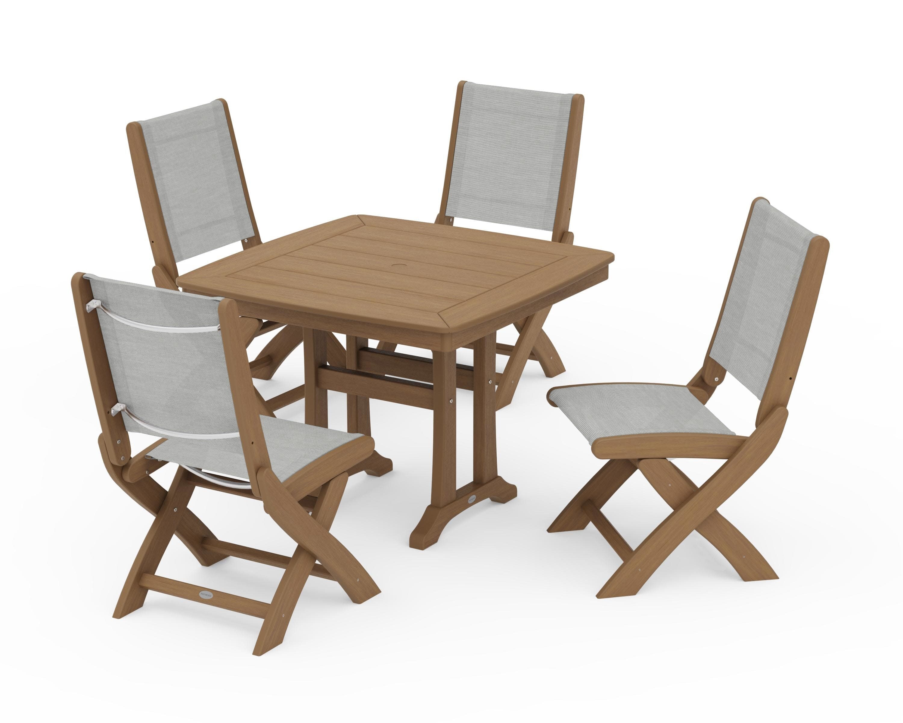 Coastal Folding Side Chair 5-Piece Dining Set with Trestle Legs in Natural / Metallic Sling