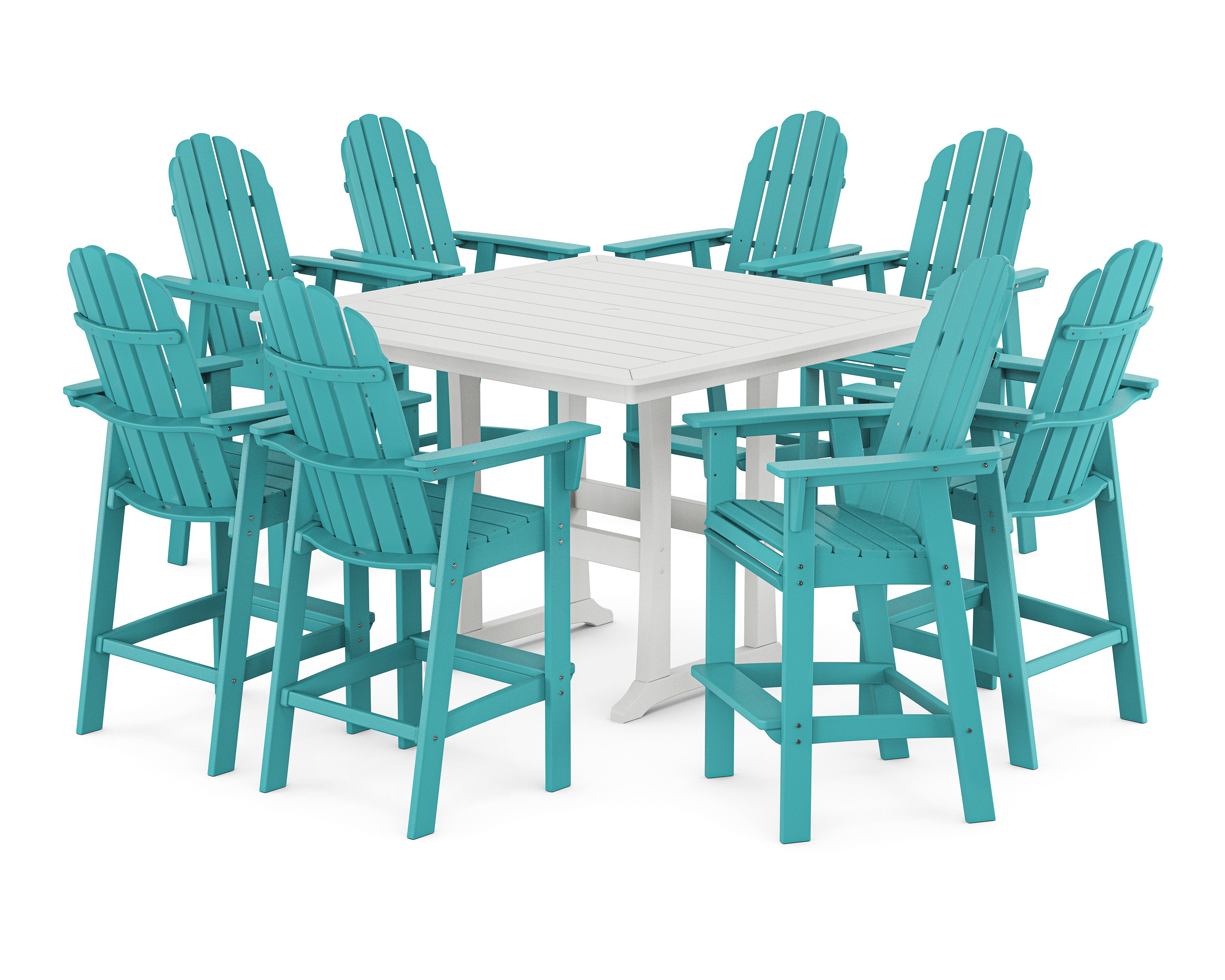 Vineyard Curveback Adirondack 9-Piece Trestle Bar Set in Aruba / White