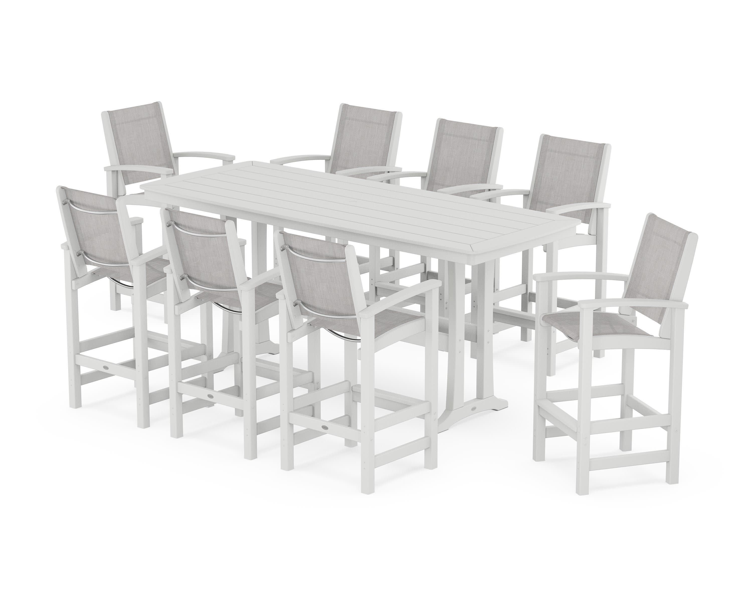Coastal 9-Piece Bar Set with Trestle Legs in White / Parchment Sling