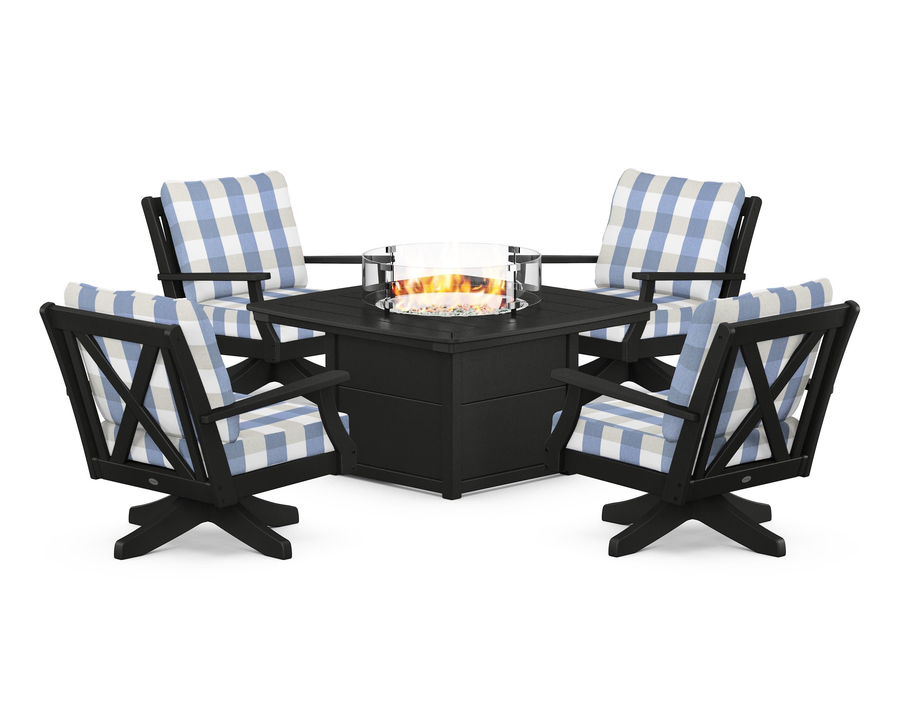 Braxton 5-Piece Deep Seating Swivel Conversation Set with Fire Pit Table in Black / Buffalo Plaid Sky Blue