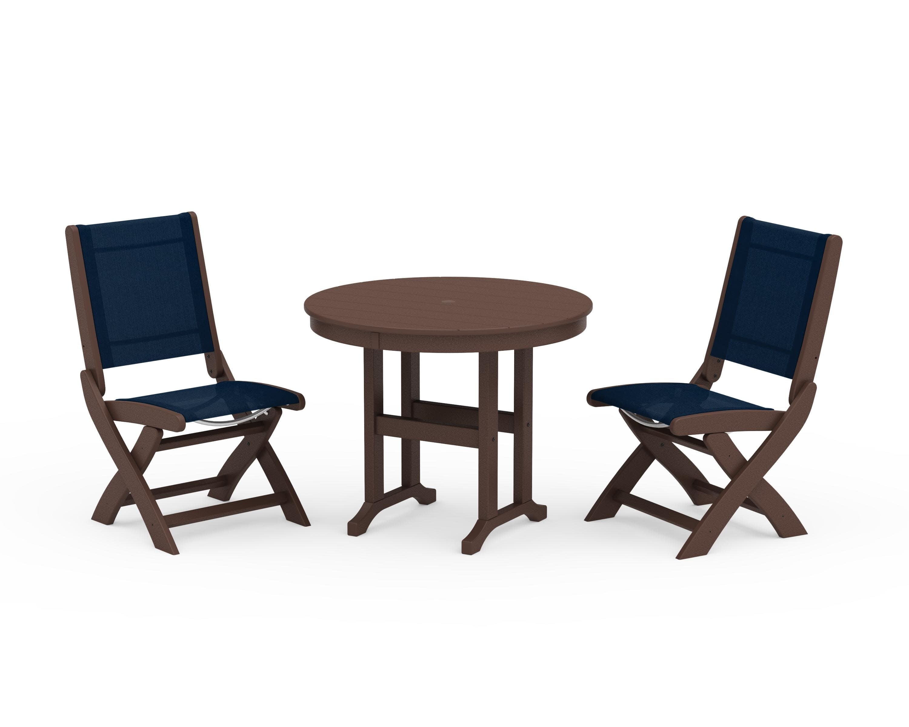 Coastal Folding Side Chair 3-Piece Round Dining Set in Mahogany / Navy Blue Sling