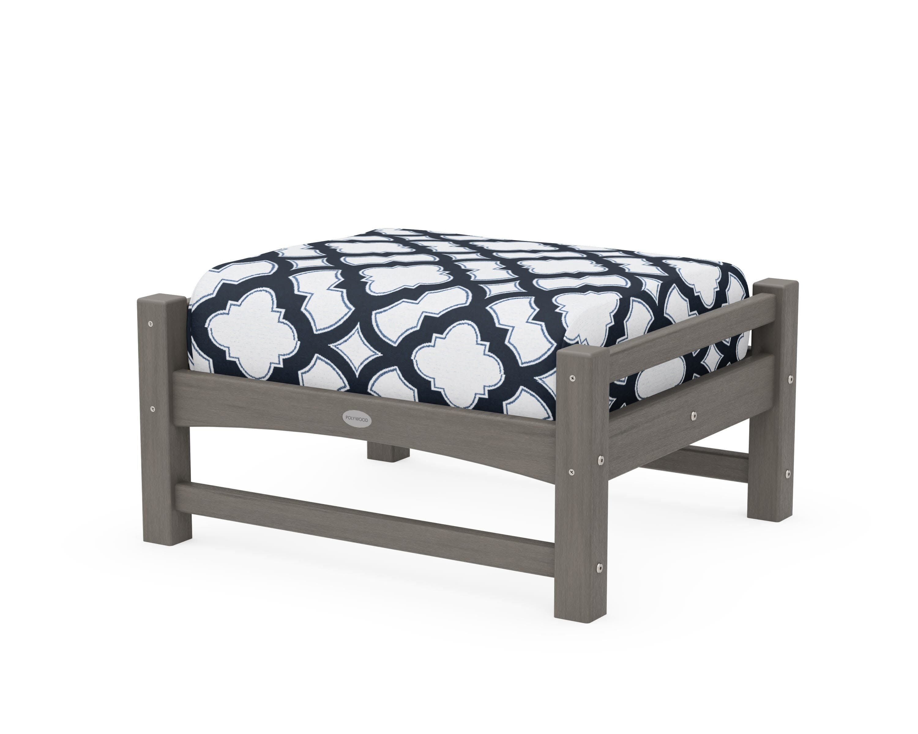 Club Ottoman in Driftwood / Trellis Marine Indigo