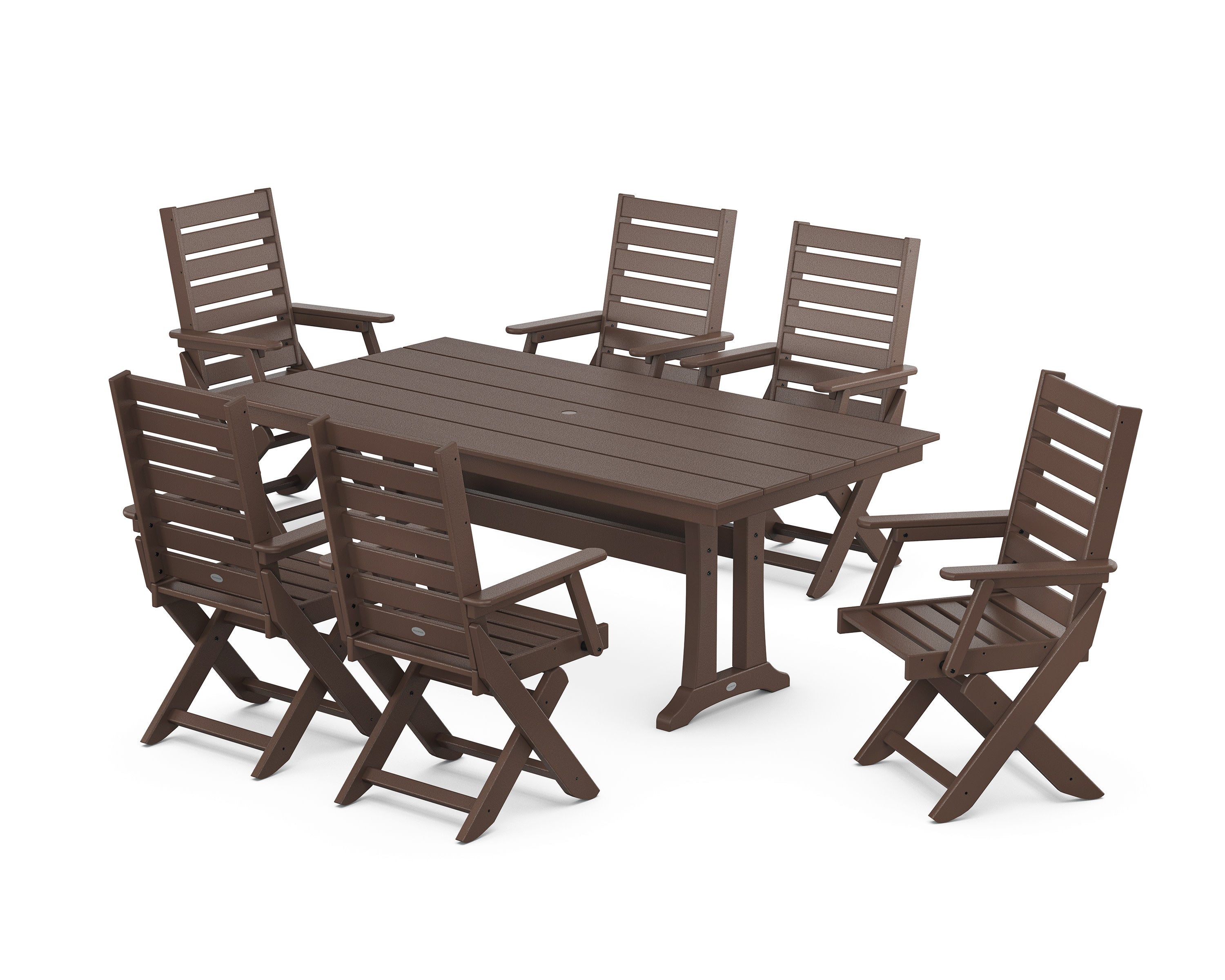 Captain Folding Chair 7-Piece Farmhouse Dining Set with Trestle Legs in Mahogany
