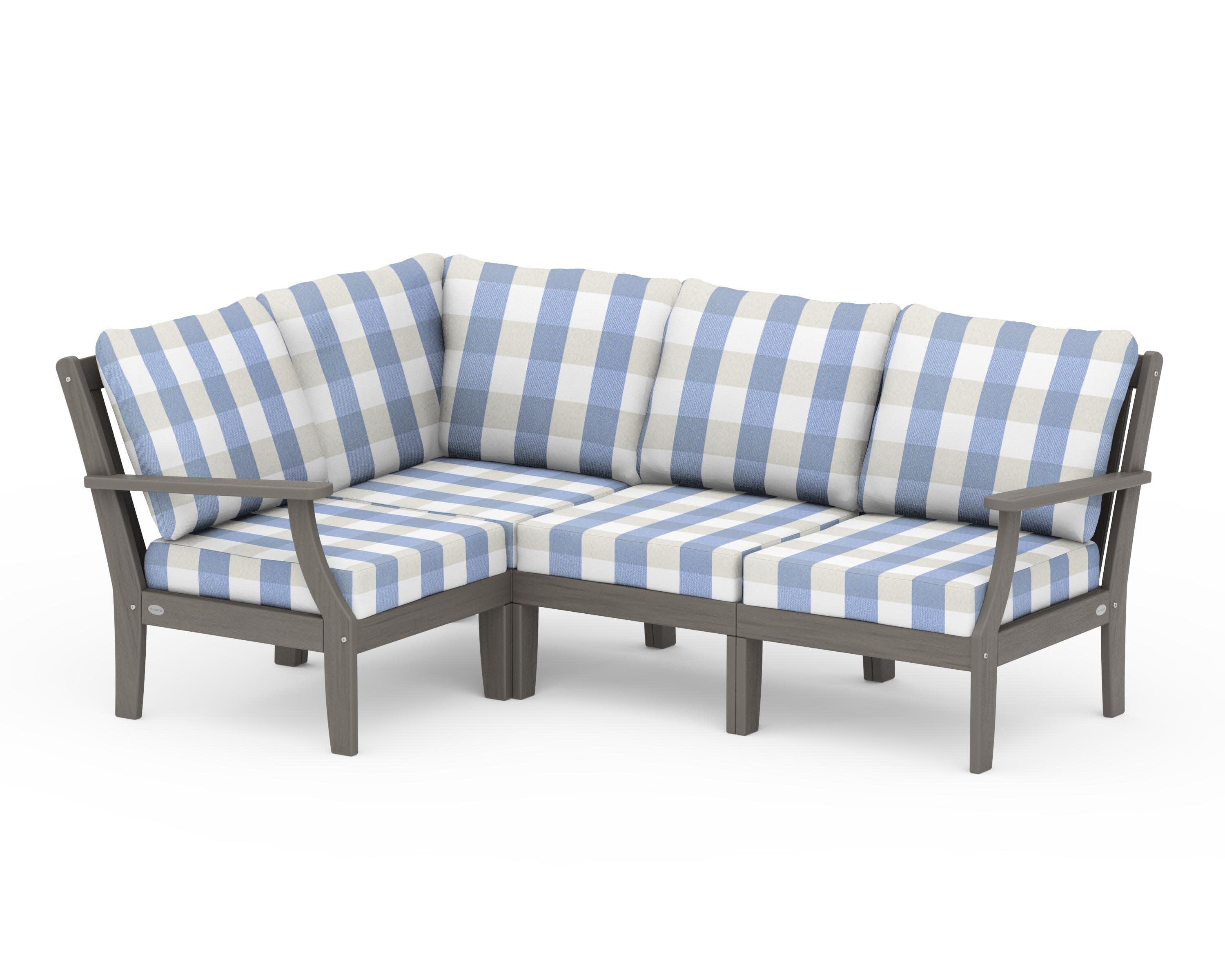 Braxton Modular 4-Piece Deep Seating Set in Driftwood / Buffalo Plaid Sky Blue