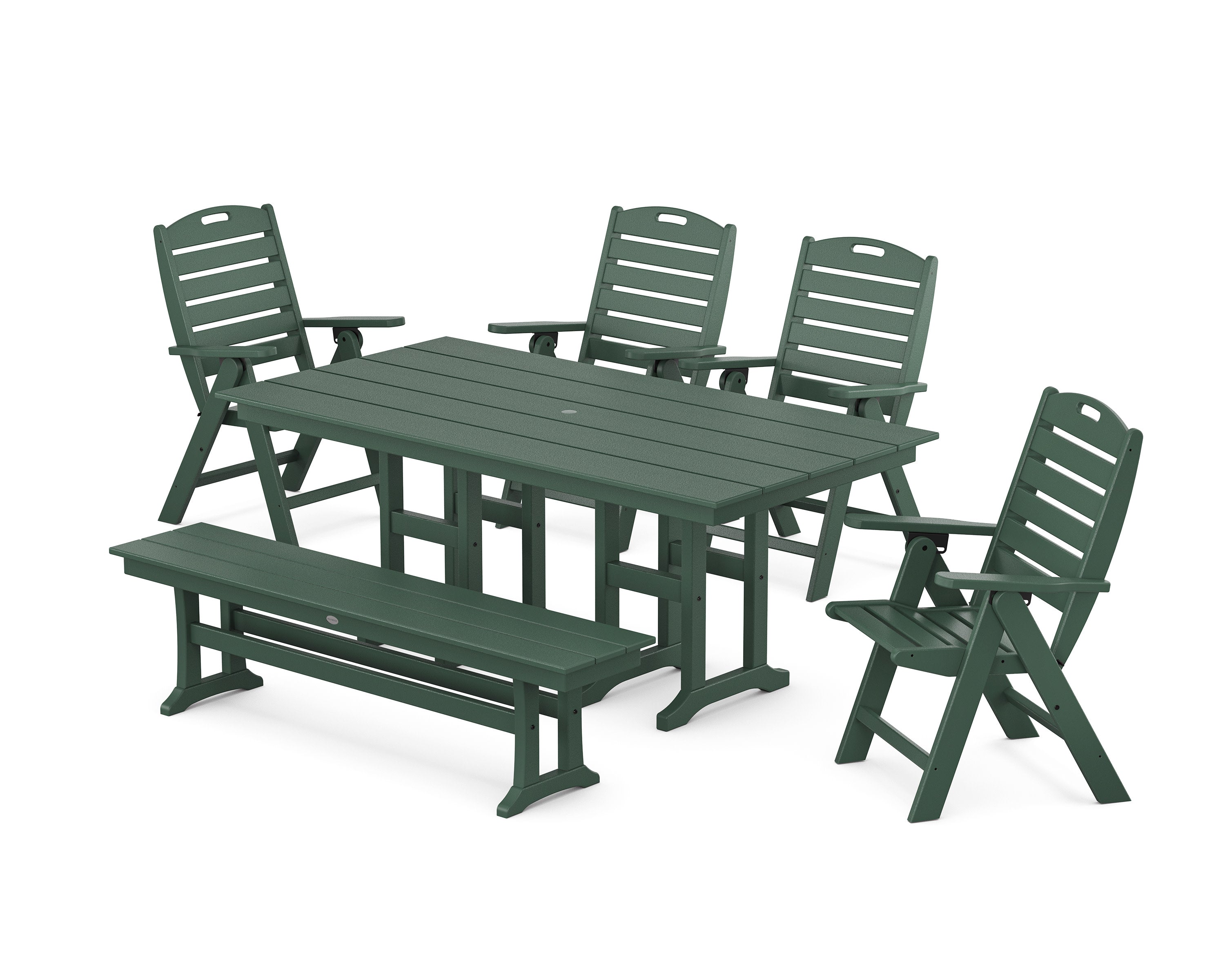 Nautical Highback 6-Piece Farmhouse Dining Set with Bench in Green