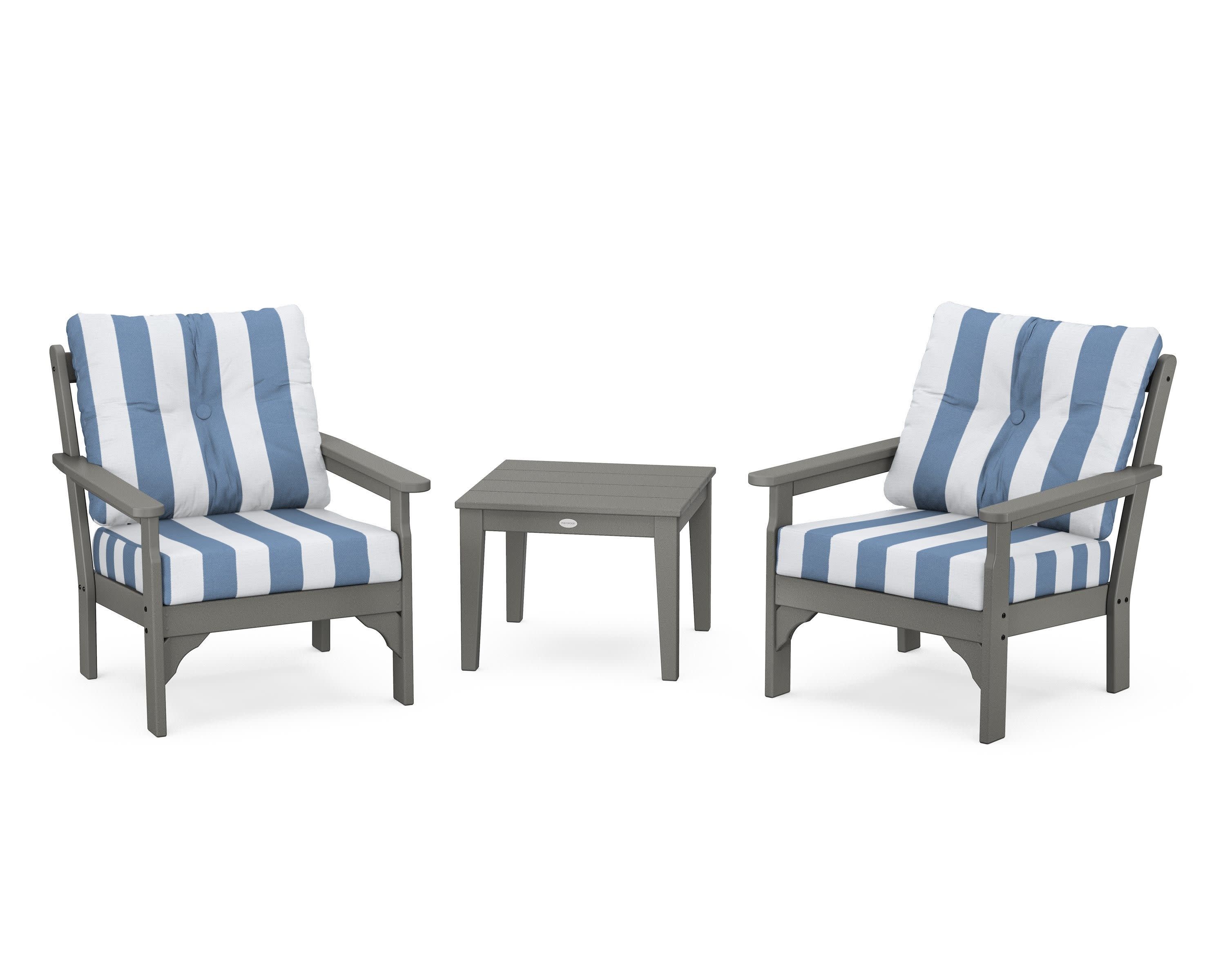 Vineyard 3-Piece Deep Seating Set in Slate Grey / Cabana Stripe Sky Blue