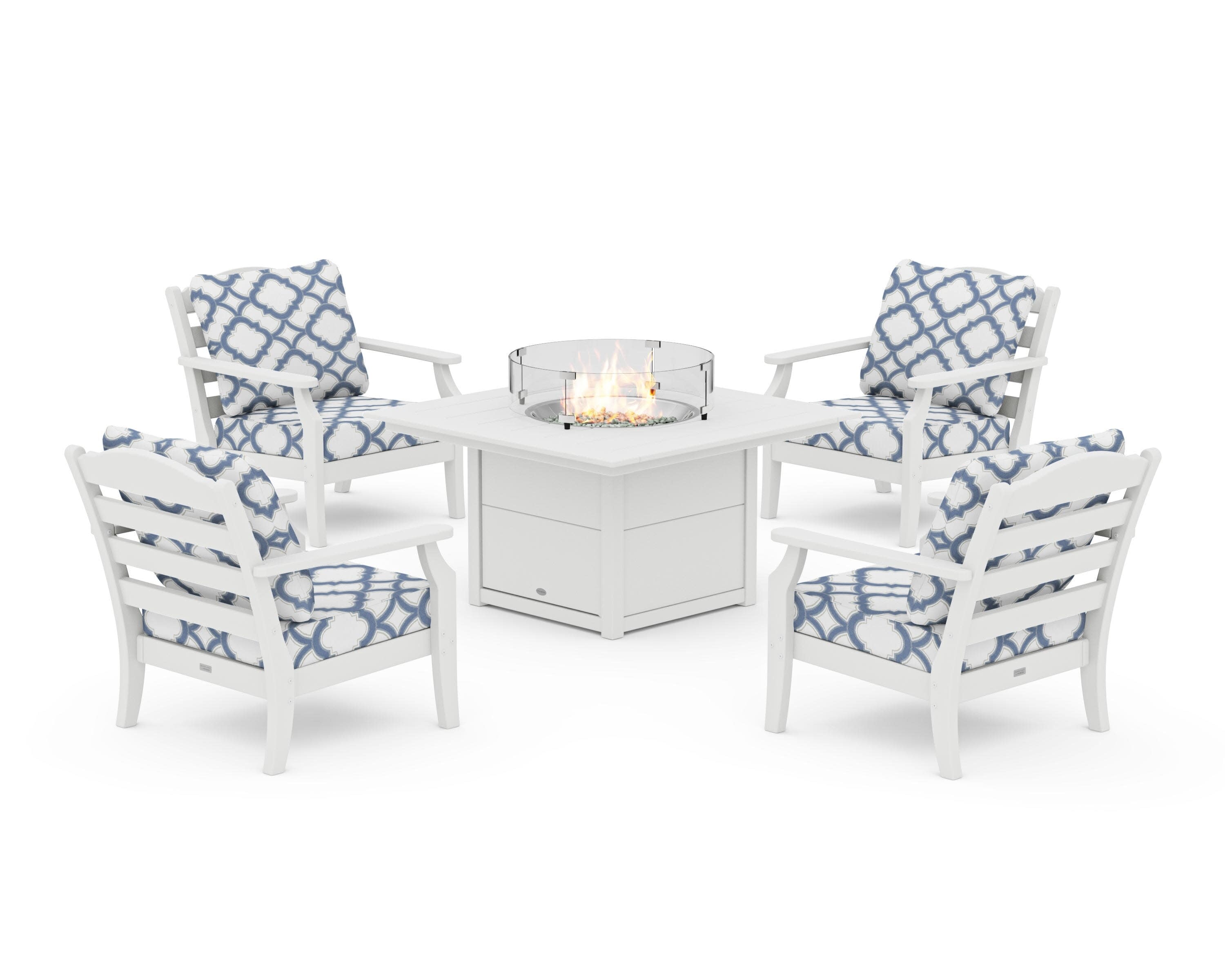 Savannah 5-Piece Deep Seating Set with Fire Pit Table in White / Trellis Sky Blue