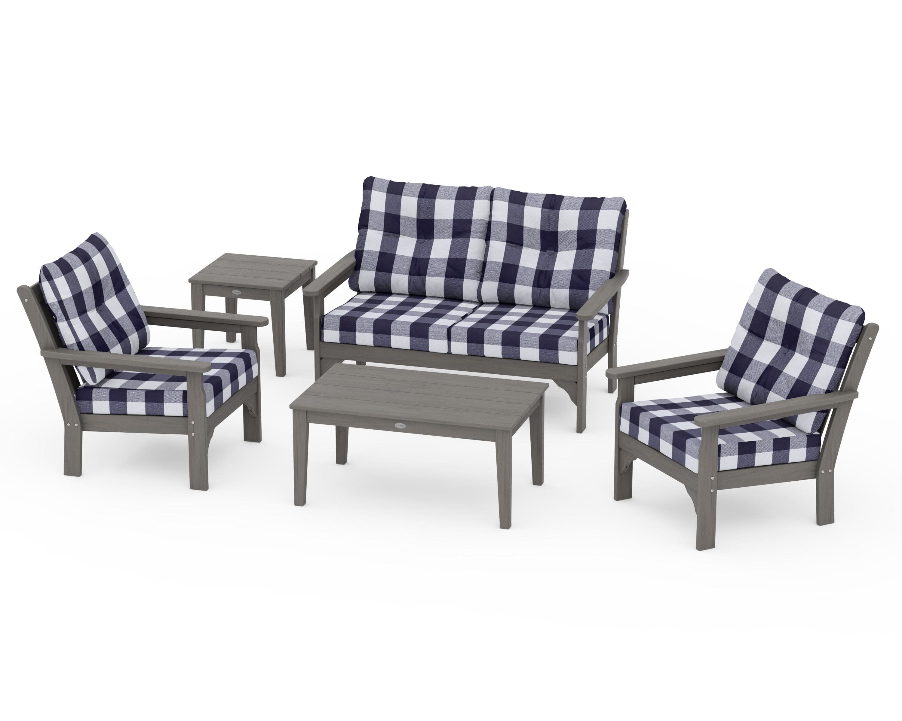 Vineyard 5-Piece Deep Seating Set in Driftwood / Buffalo Plaid Navy
